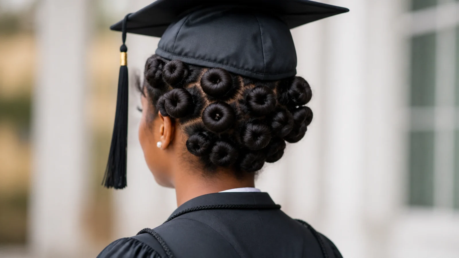 Bantu knot crown graduation updo with small knots arranged low around the back of the head