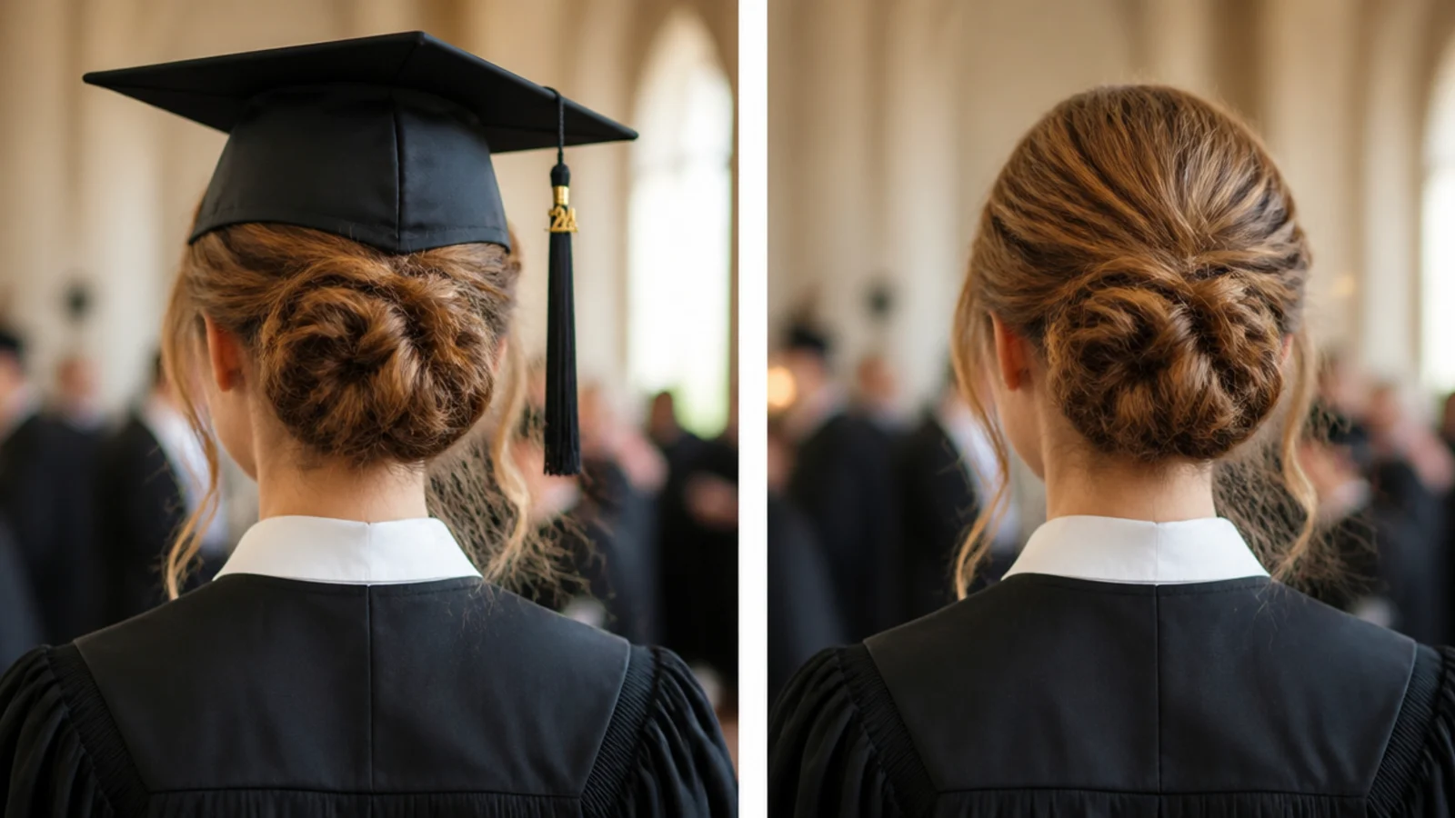 Graduation updo before and after the mortarboard cap comes off showing the unchanged bun shape
