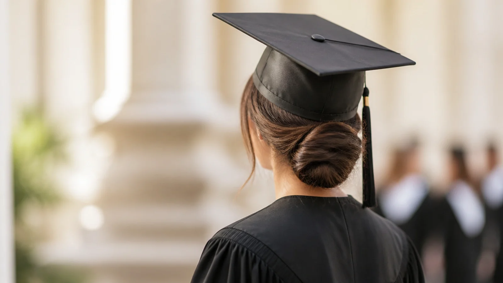 Elegant graduation updo in a low chignon at the nape under a flat black mortarboard cap