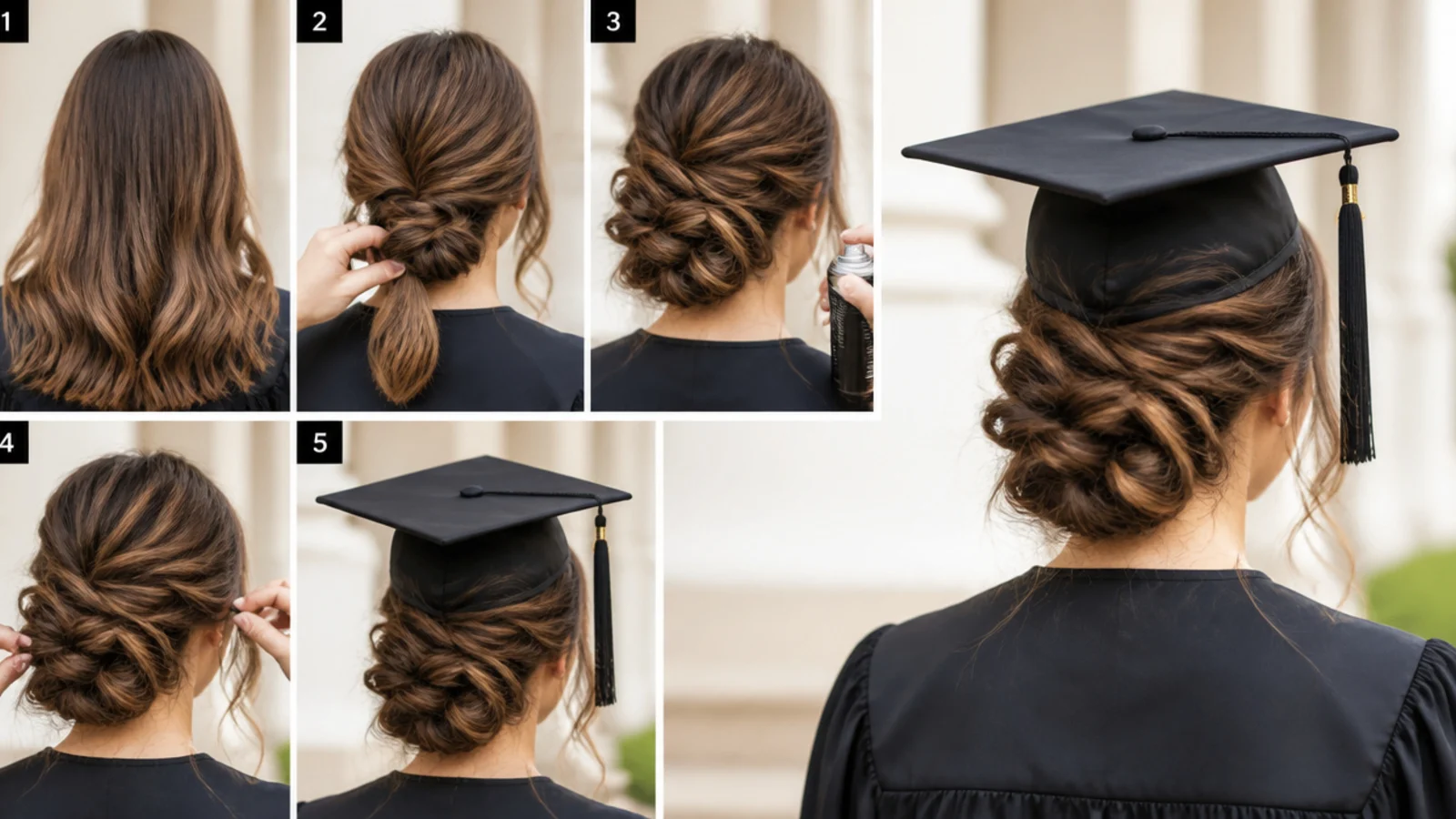 Morning timeline for building a graduation updo one to two hours before the ceremony