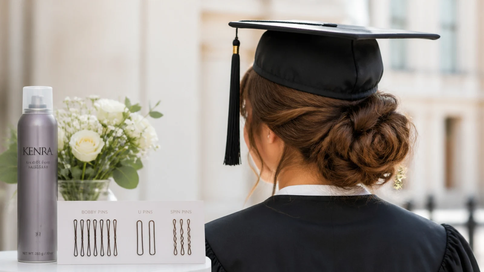 Bobby pins U pins and spin pins laid out with flexible hold hairspray for a graduation updo
