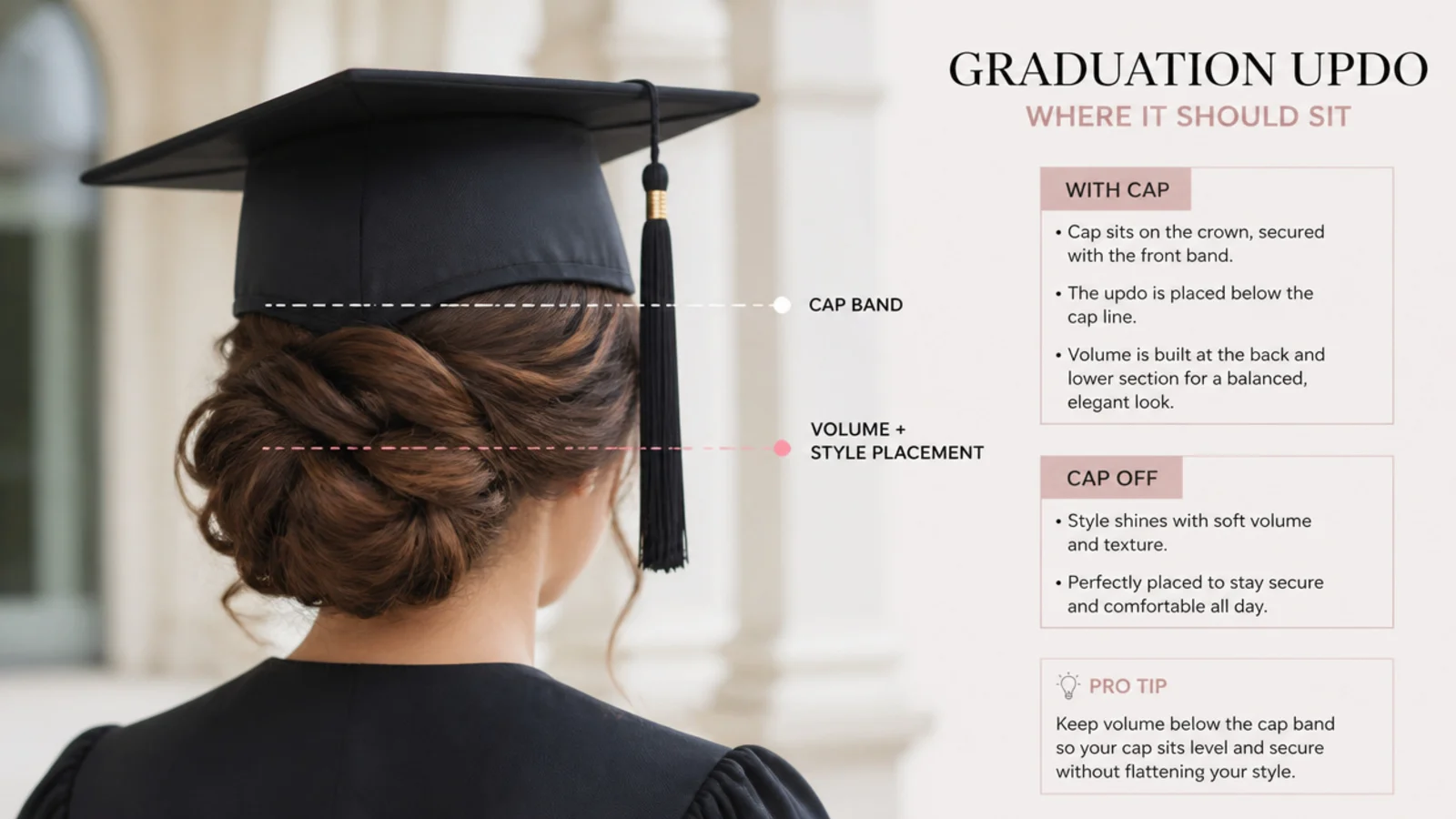 Diagram showing where a graduation updo should sit relative to the mortarboard cap band on the crown