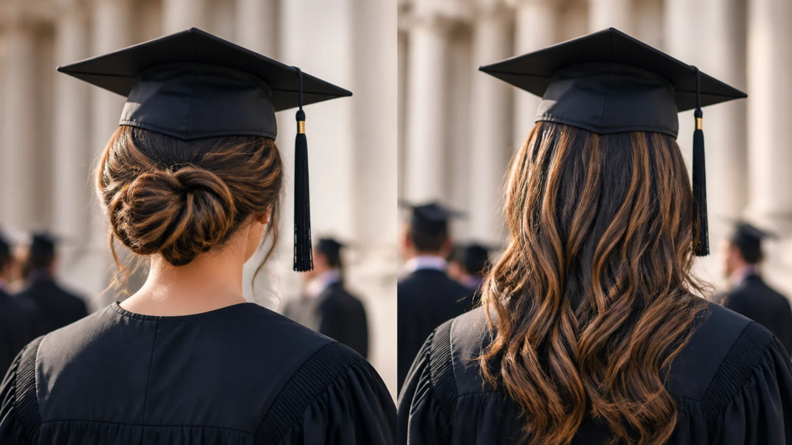 Graduation updo versus hair down compared side by side in ceremony photos under a mortarboard cap