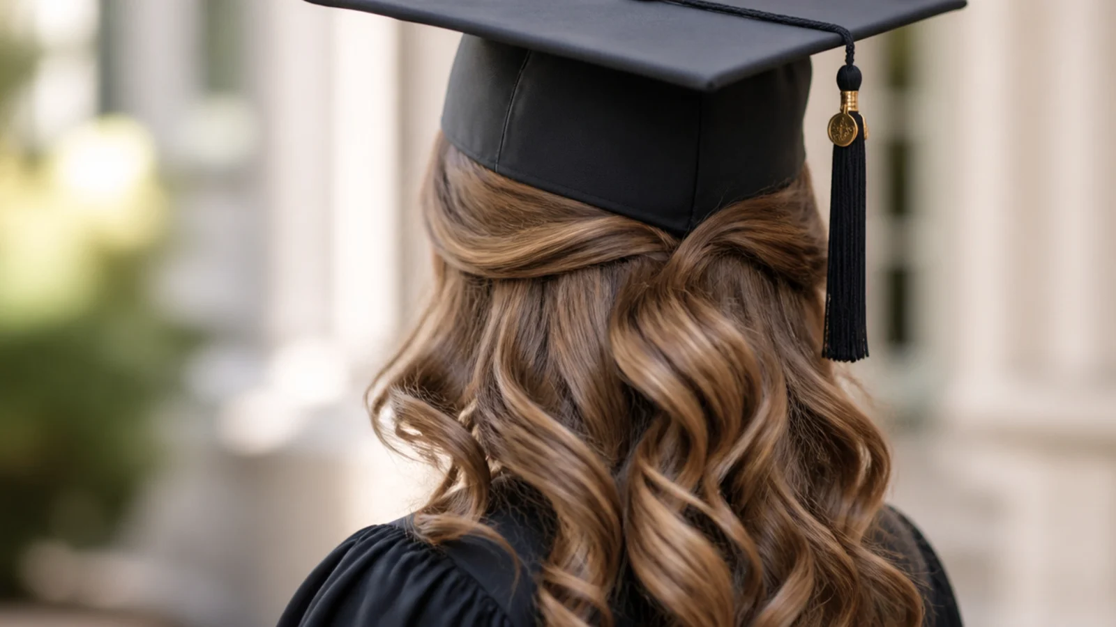 Half up graduation hairstyle with loose 1.25 inch barrel curls and a small pinned back section