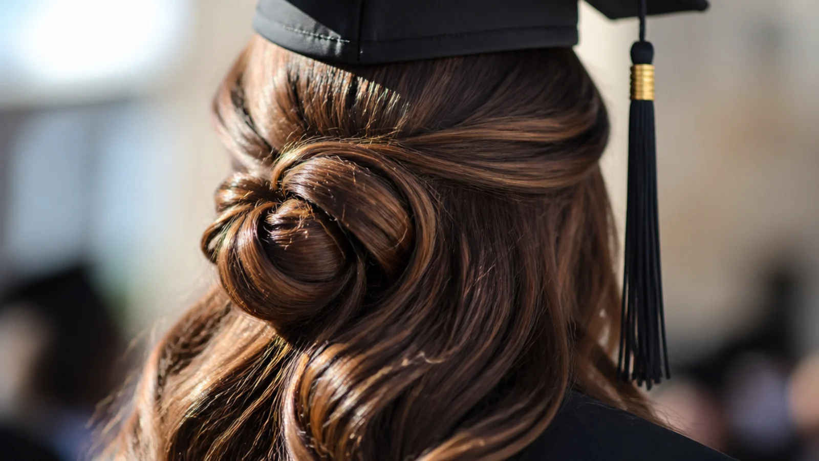 Low half-up bun graduation hairstyle sitting below the occipital bone with hair down underneath