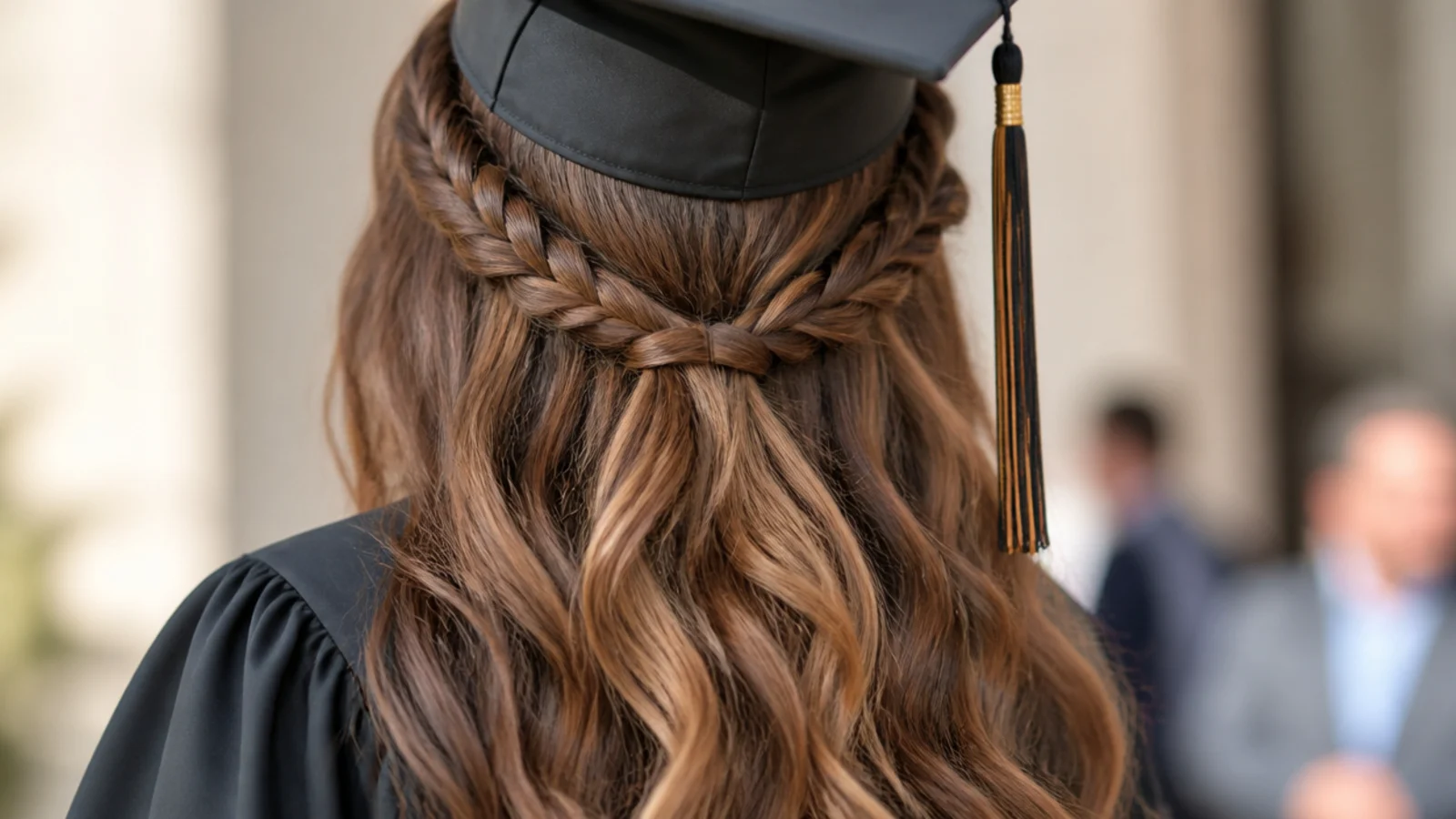 Dutch braid half up graduation hairstyle with two braids meeting at the back under a cap