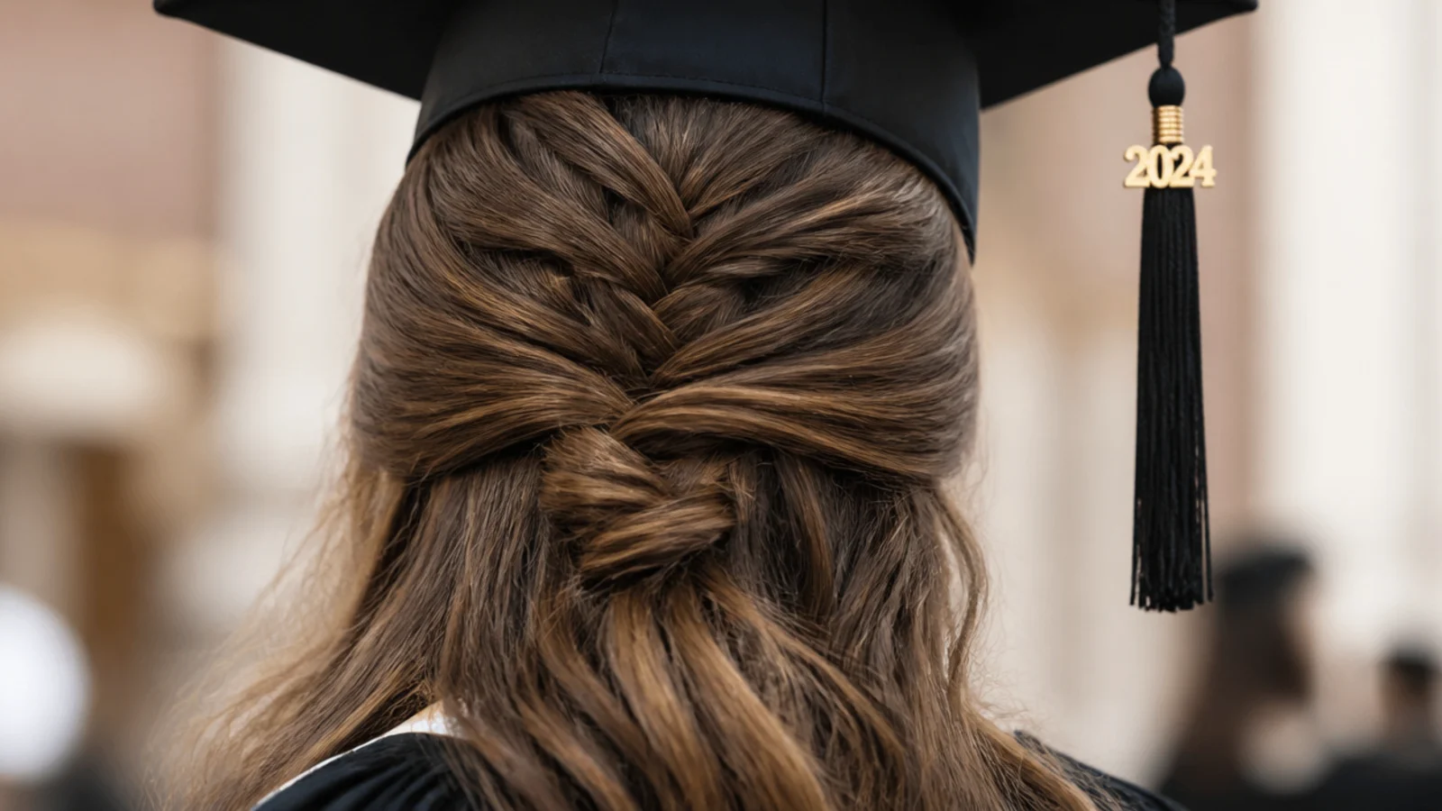 French braid half up graduation hairstyle ending in a twisted knot at the nape with waves below