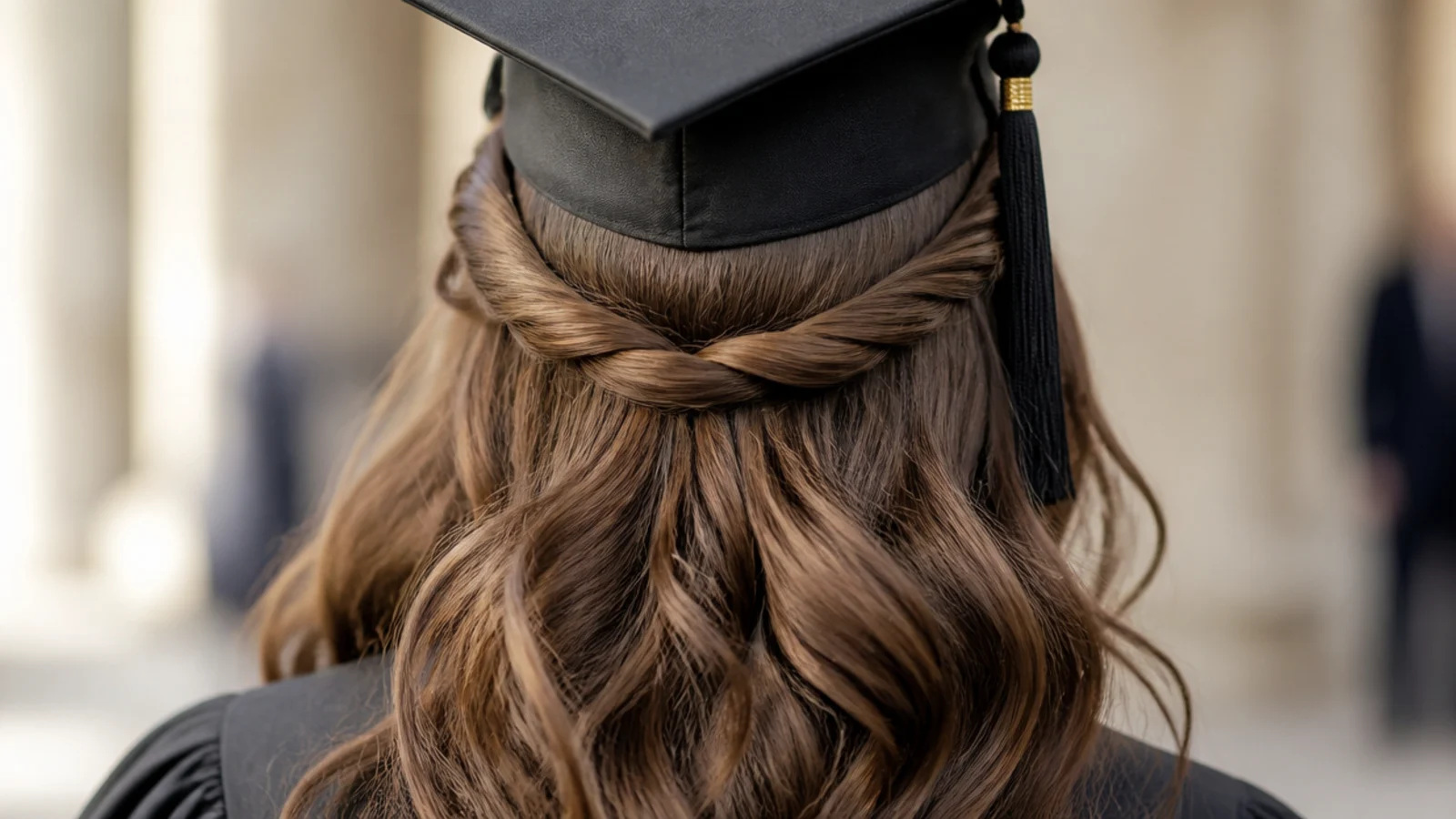 Twisted halo half up graduation hairstyle with two rope twists crossing at the back of the head