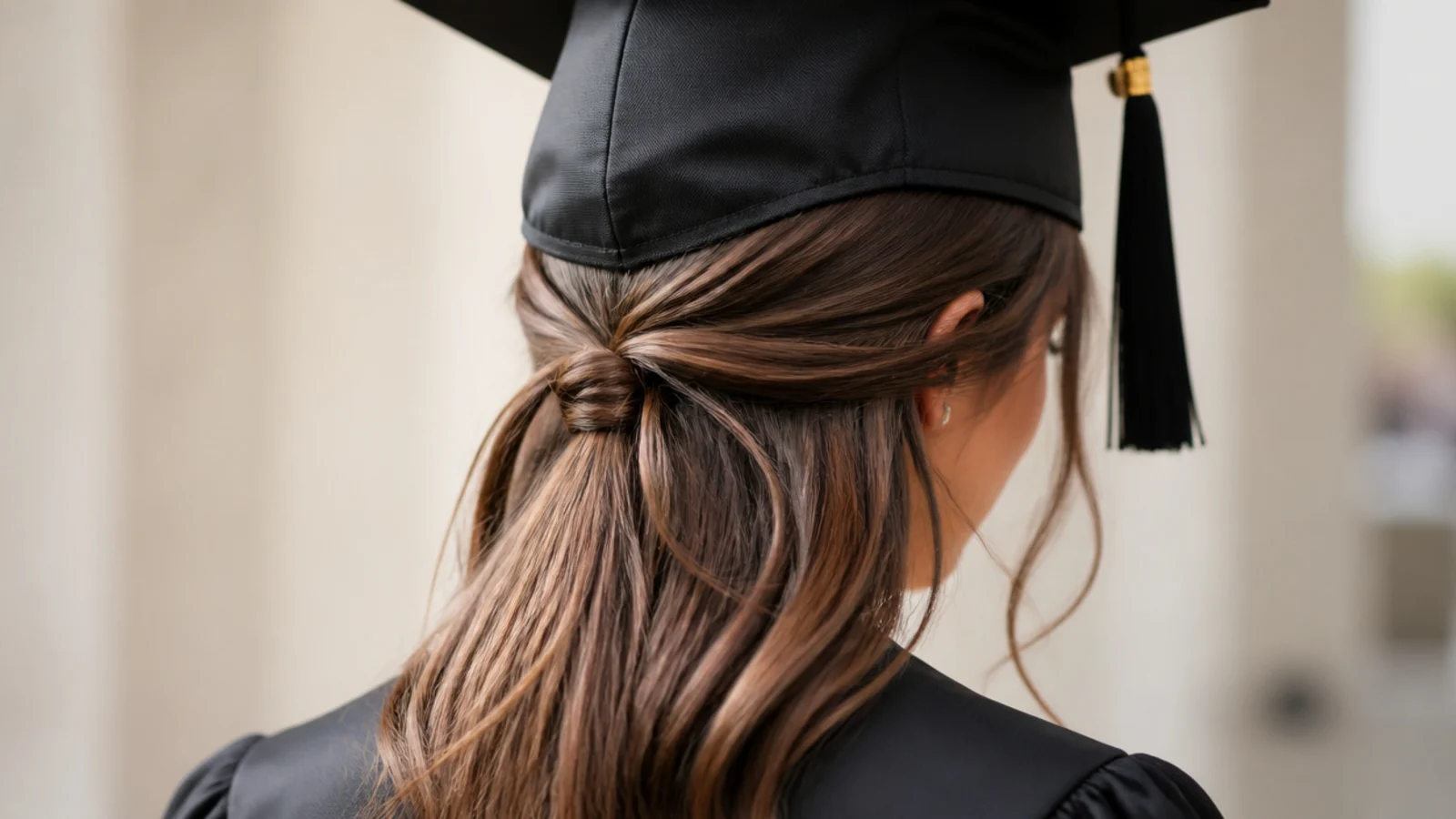 Low half up ponytail graduation hairstyle secured at the nape with straight hair falling below