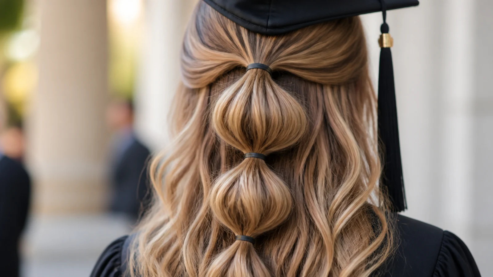 Bubble half up ponytail graduation hairstyle with three segmented bubbles down the back