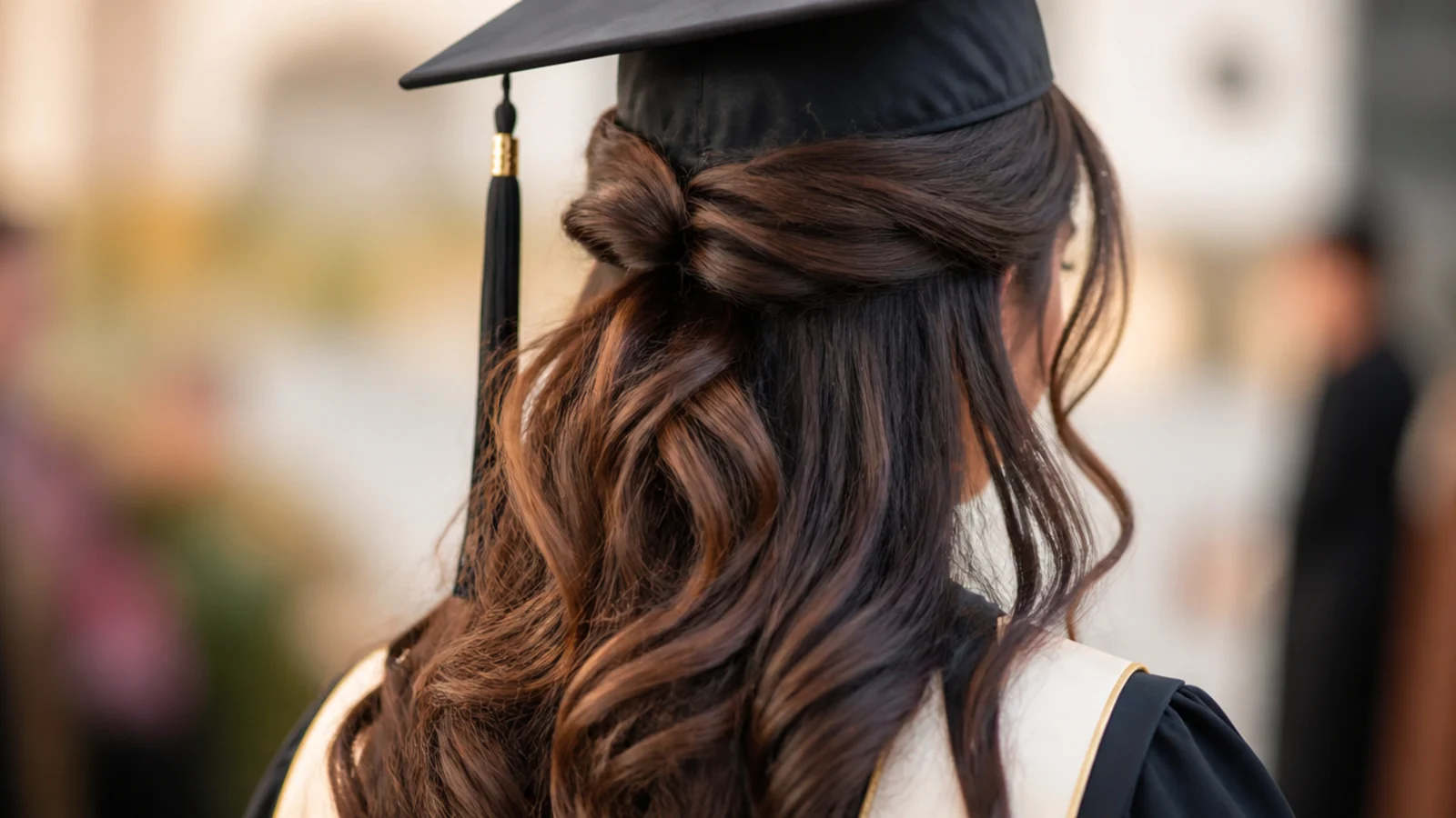 Half up graduation hairstyle with curtain bangs left out and swept away from the face under a cap