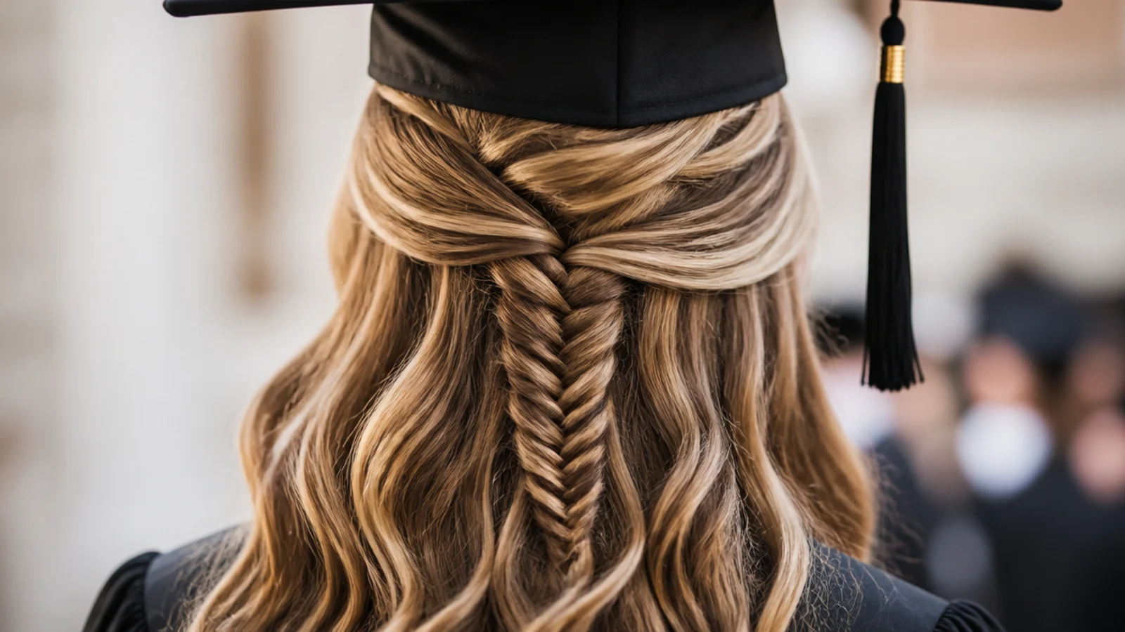 Half up fishtail braid graduation hairstyle with a thin fishtail down the center and waves either side