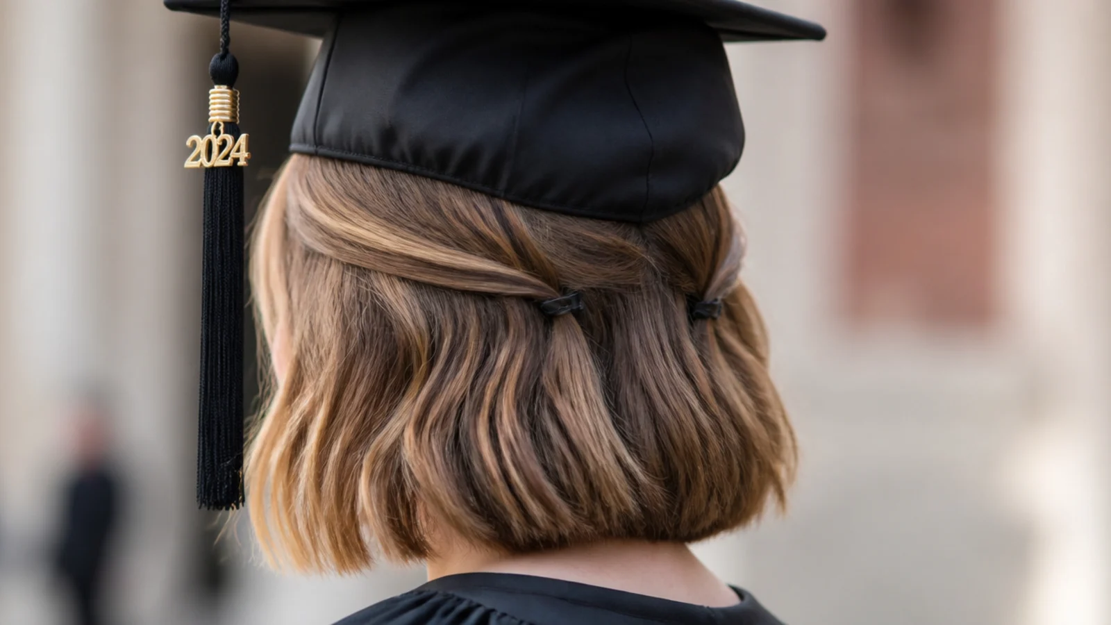 Half up graduation hairstyle on a chin length bob with two small clipped sections at the back