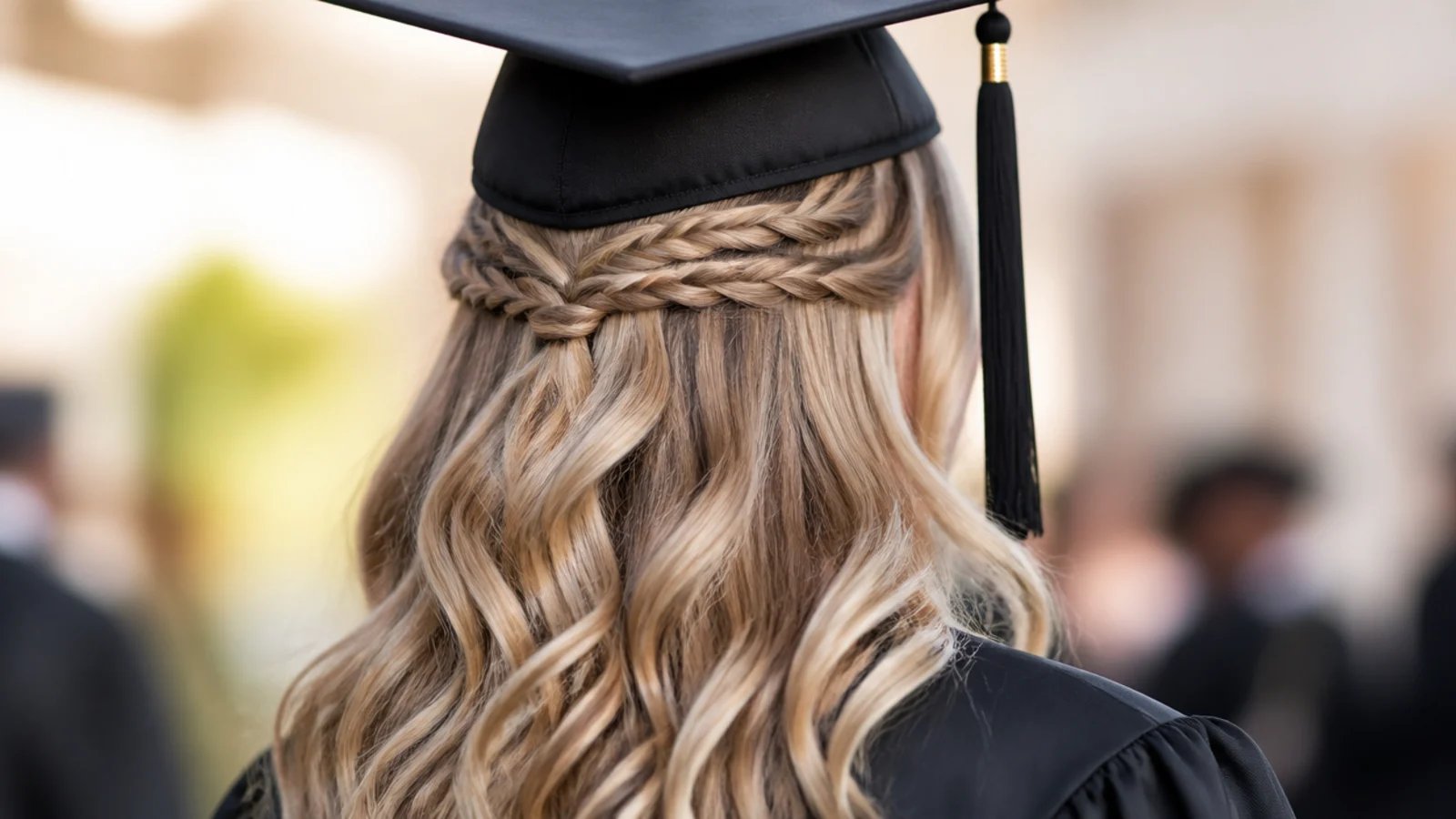 Half up graduation hairstyle with two thin accent braids on one side gathered into the back section