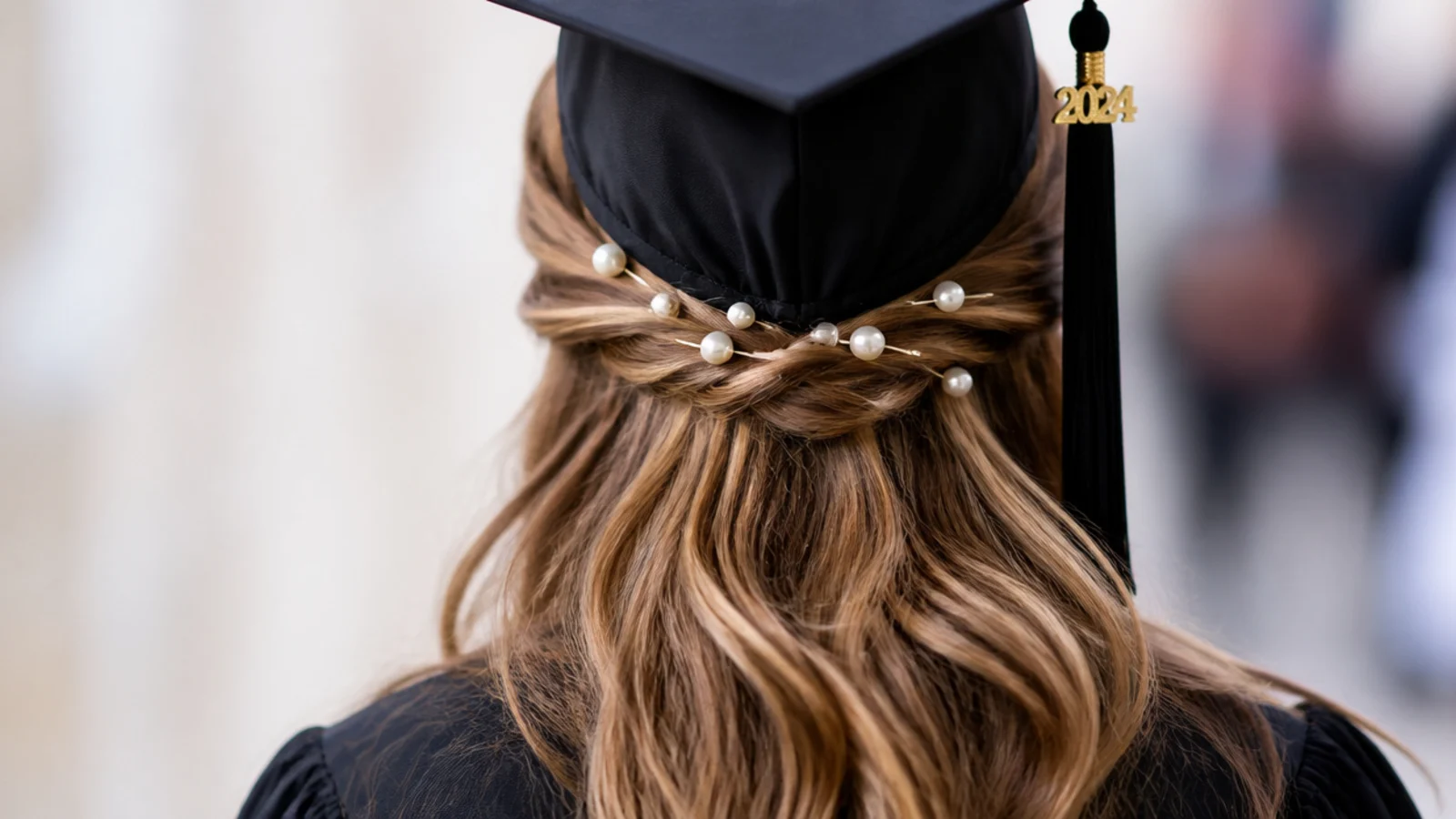 Pearl pinned half up graduation hairstyle with a scatter of pearl bobby pins along the gathered section