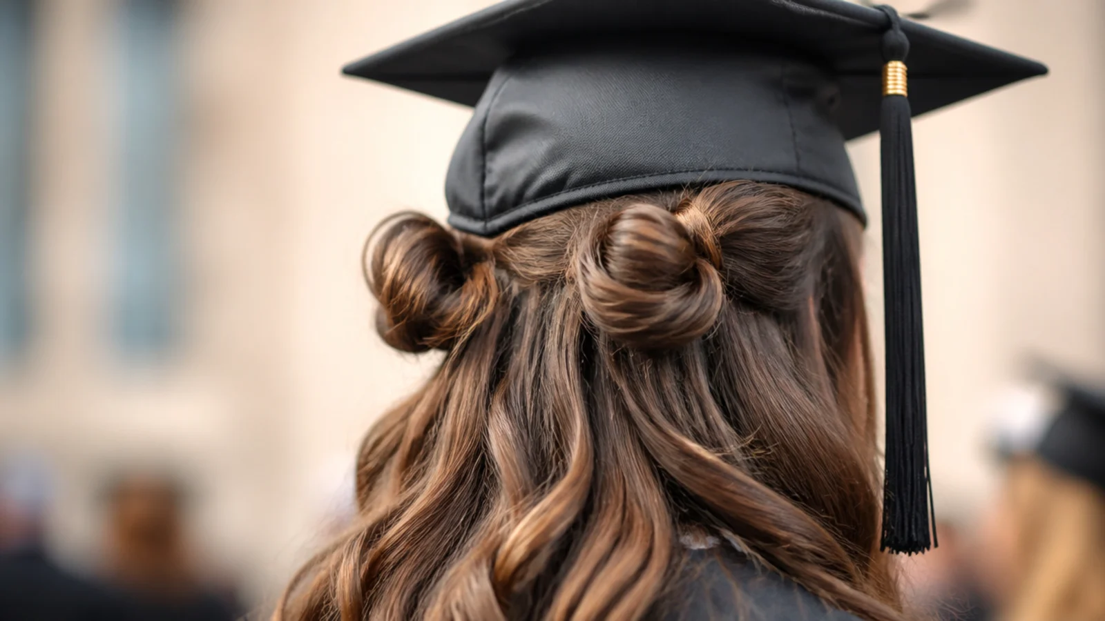 Low half up space buns graduation hairstyle with two small buns sitting at ear level and hair loose below