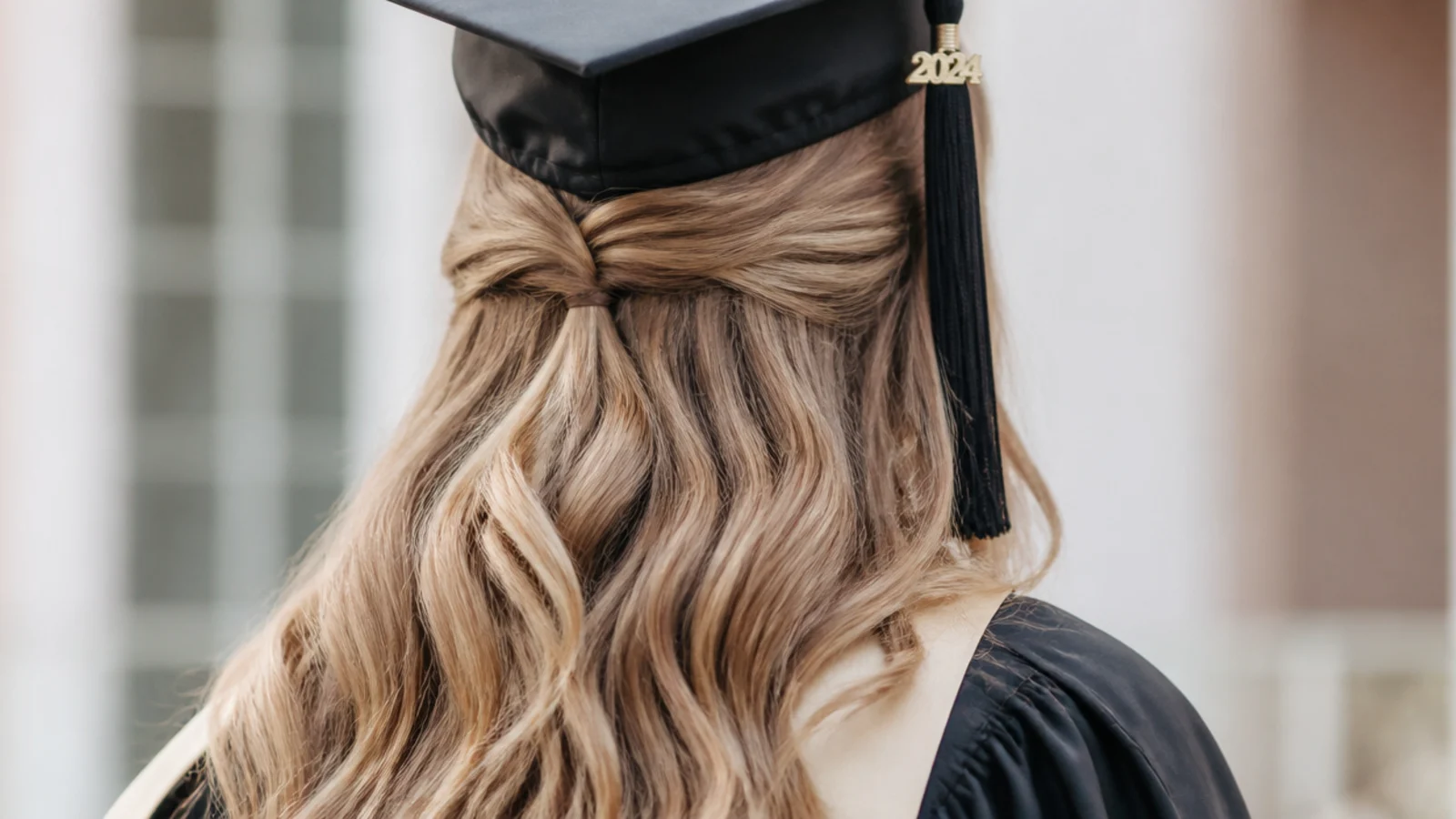 Half up graduation hairstyle with heatless overnight beach waves and a small pinned back section