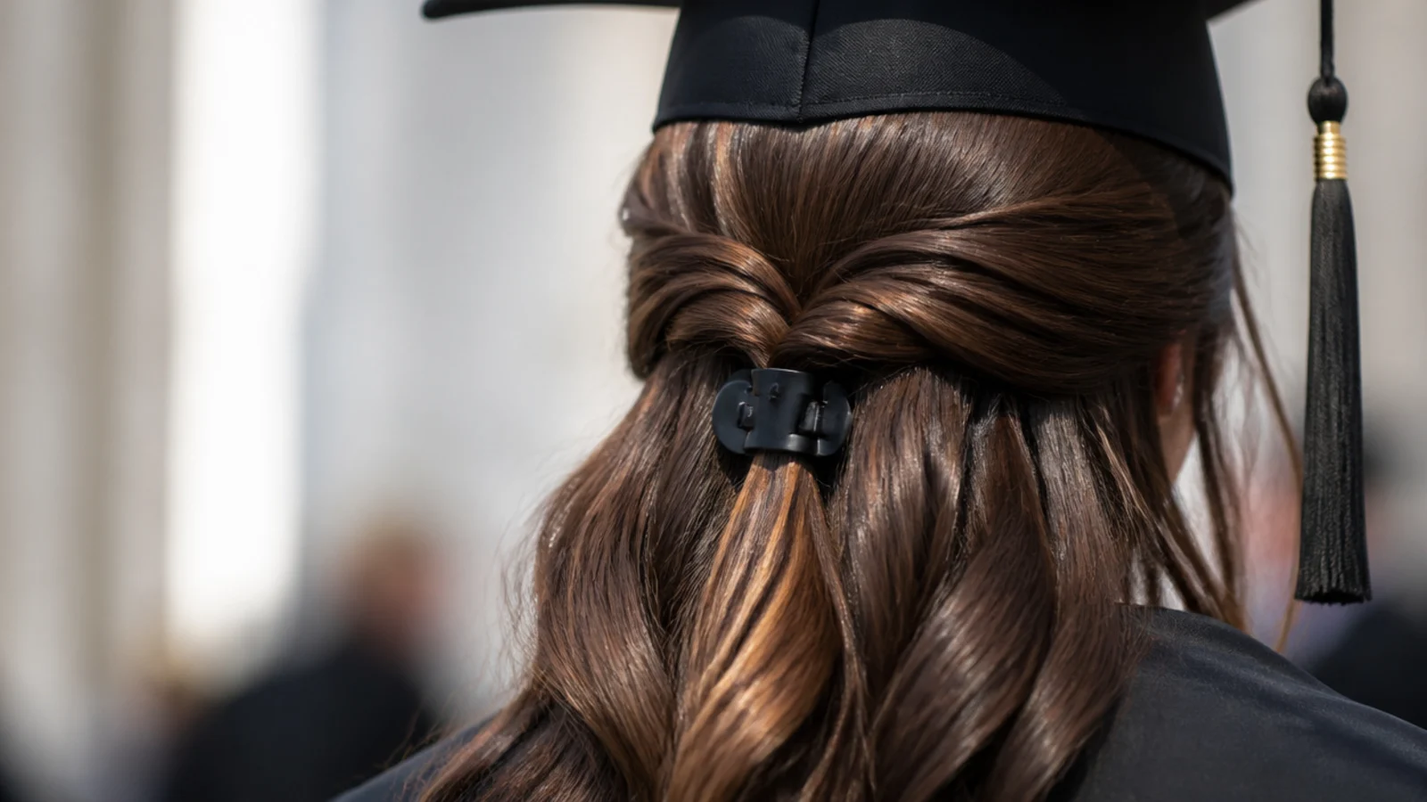 Half up claw clip graduation hairstyle with a small matte clip holding a twisted section at the nape