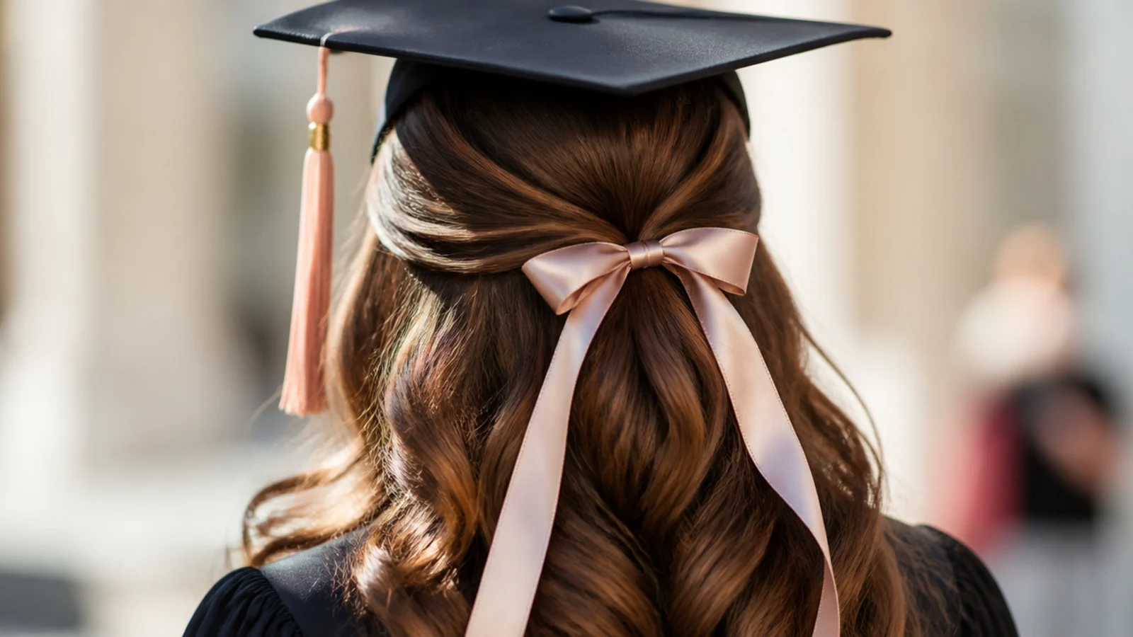 Half up graduation hairstyle finished with a satin ribbon bow tied over the elastic at the back