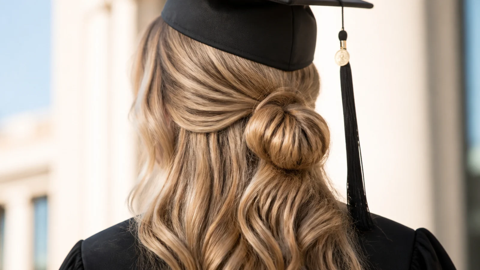 Half up half down graduation hairstyle with a low looped chignon at the nape and long waves beneath