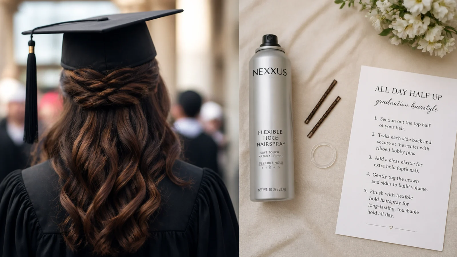 Flexible hold hairspray, ribbed bobby pins and a clear elastic laid out for an all day half up graduation hairstyle