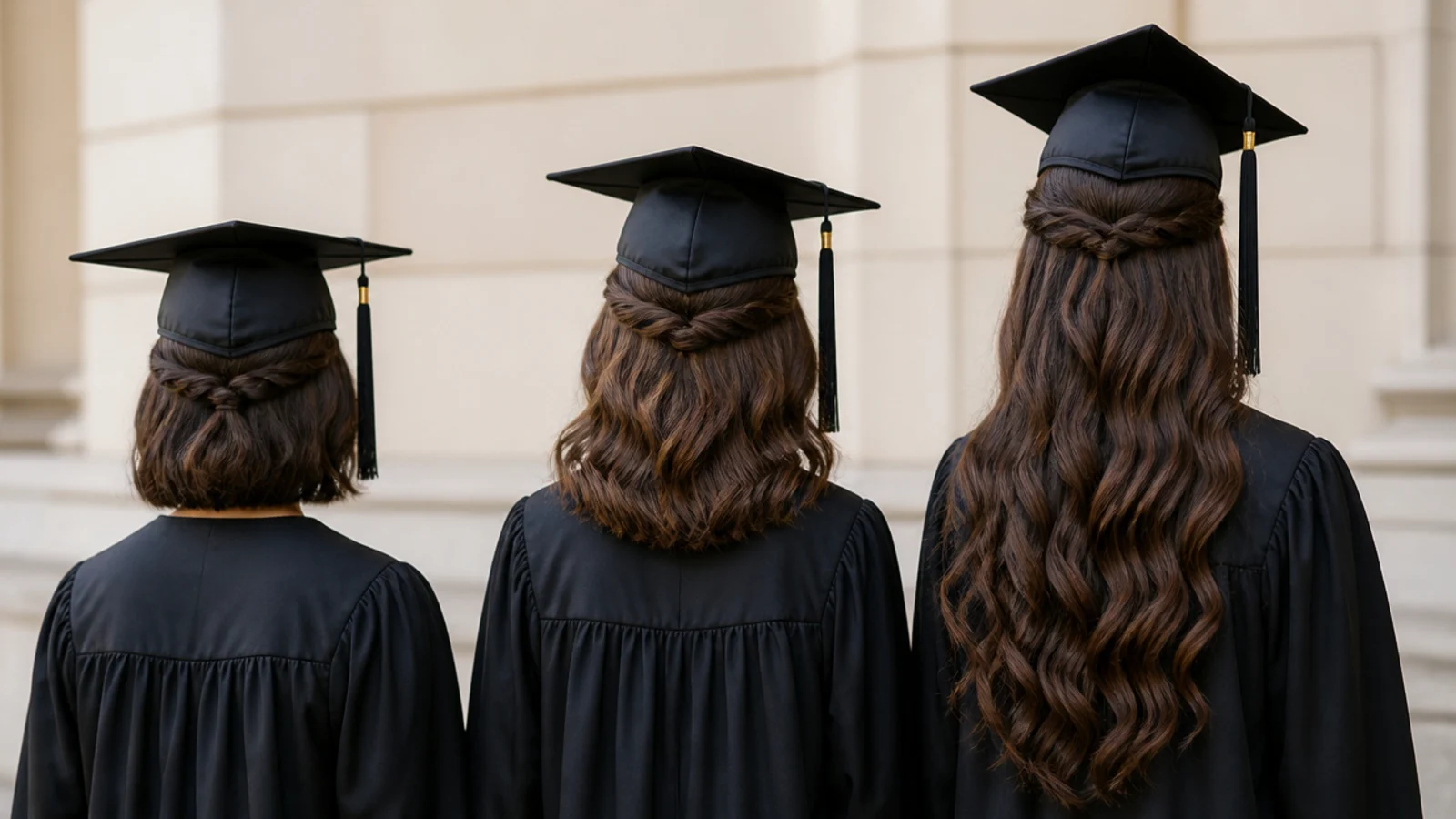 Three half up graduation hairstyles compared on a chin length bob, shoulder length hair and waist length hair