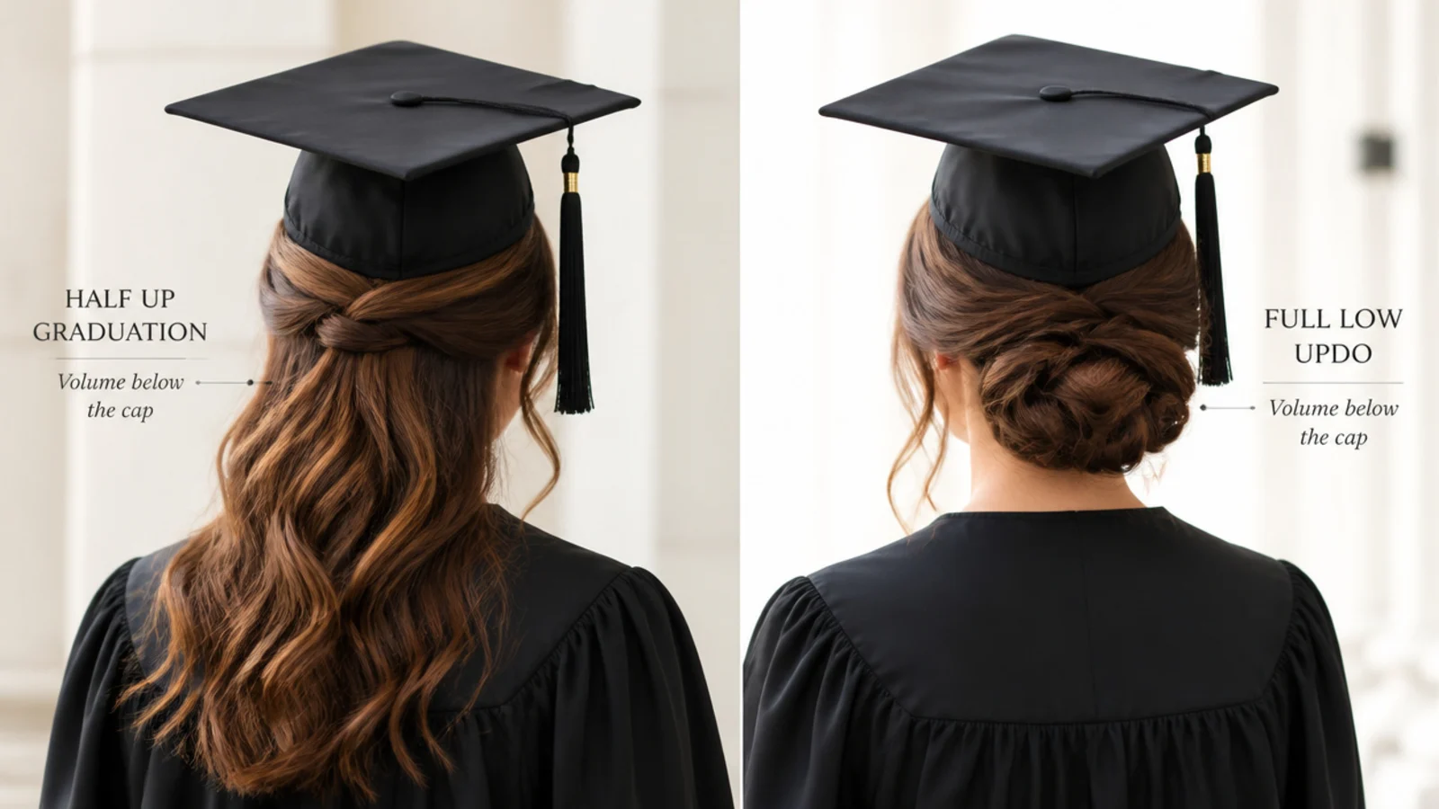 Side by side comparison of a half up graduation hairstyle and a full low updo under a mortarboard