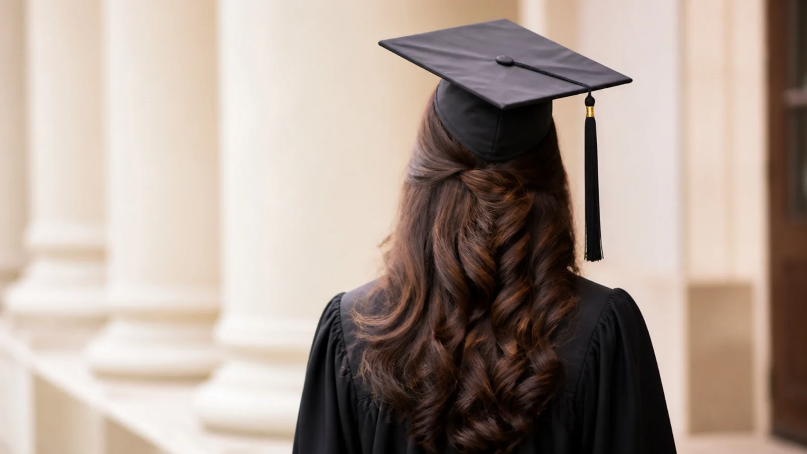 Half up graduation hairstyle with loose curls and a low half-up section under a black mortarboard