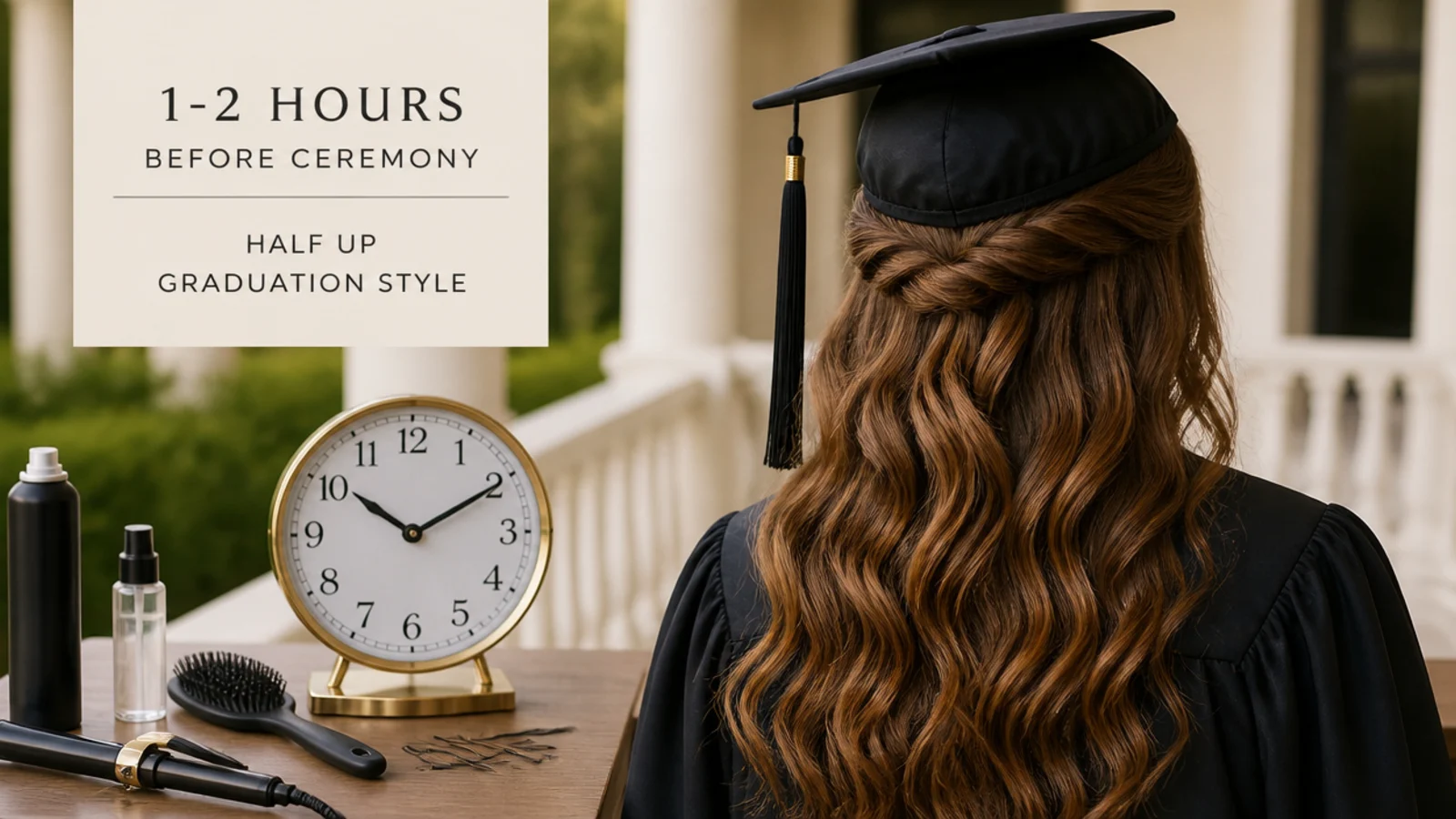 Clock and styling tools laid out for timing a half up graduation hairstyle one to two hours before the ceremony