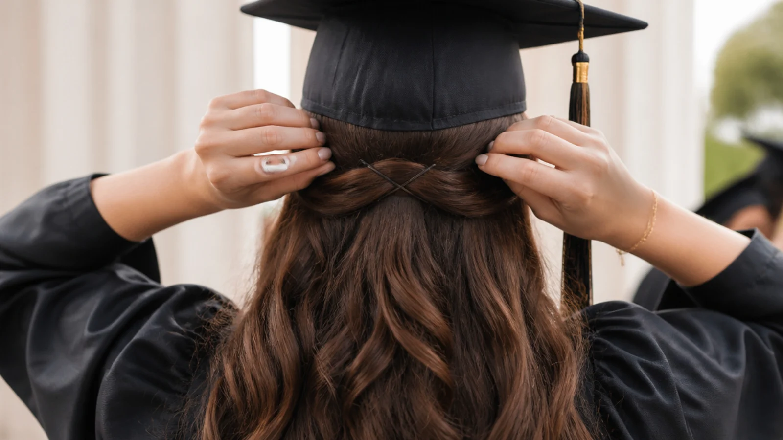Hands sliding a graduation cap over a half up hairstyle and crossing two bobby pins under the band