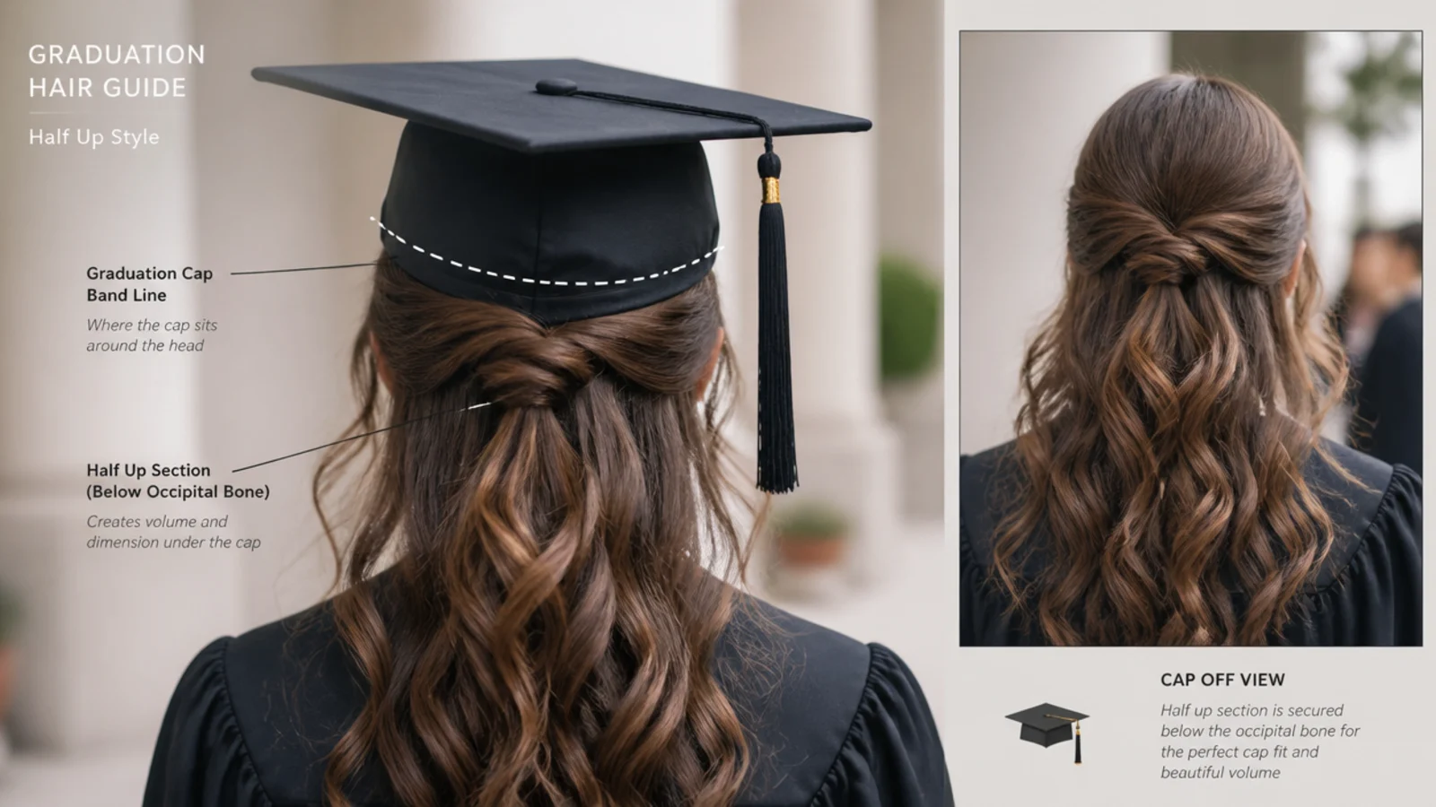 Diagram showing the graduation cap band line and a half up section gathered below the occipital bone