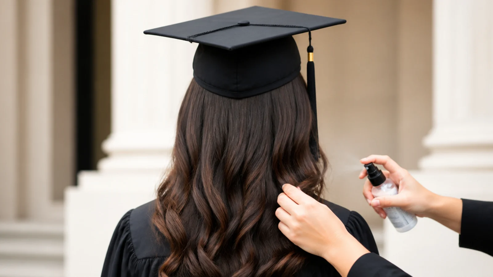Fixing a graduation cap dent with water mist and a finger comb before photographs