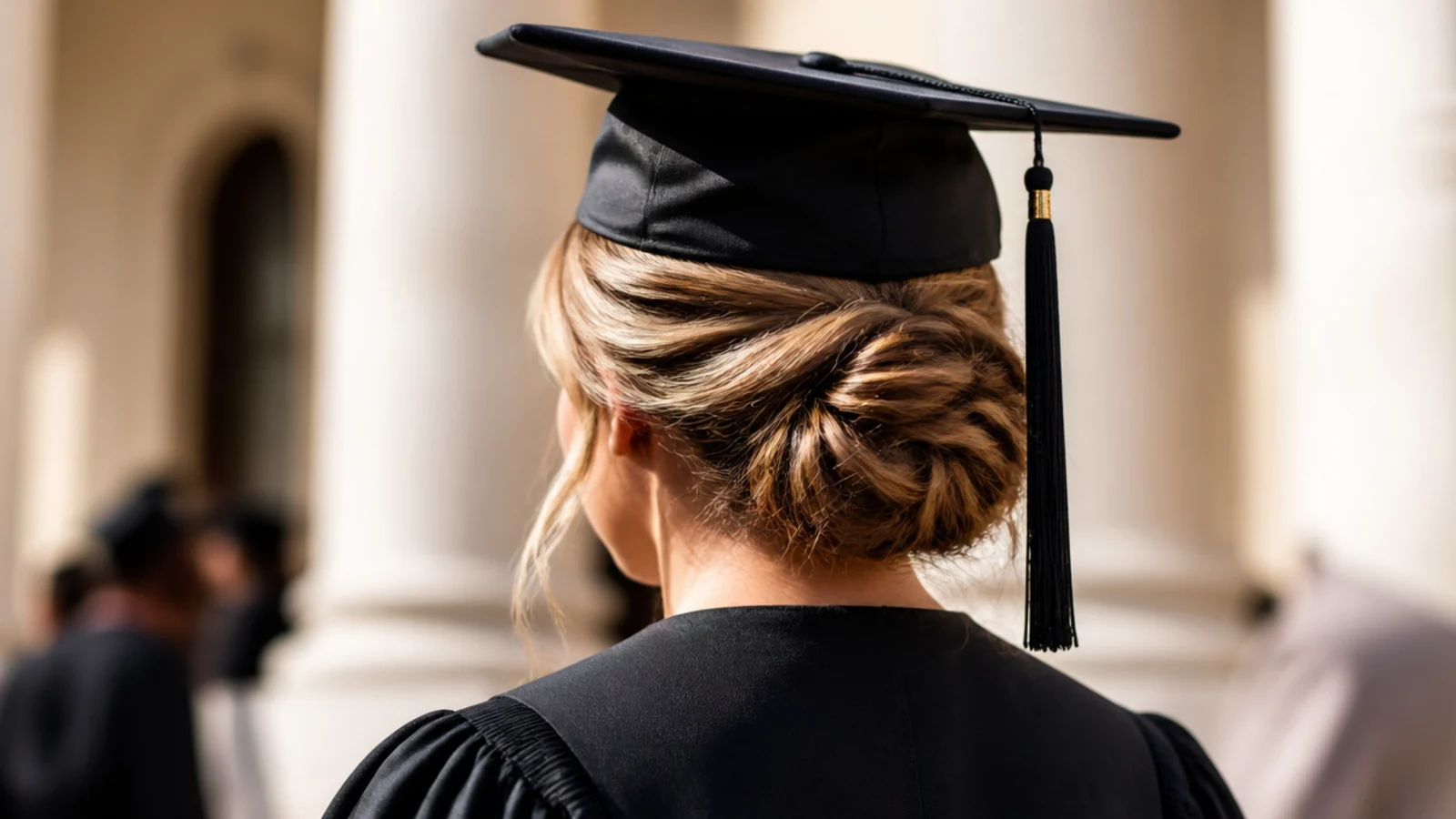 Graduation updo pinned and sprayed to hold four hours through a long ceremony