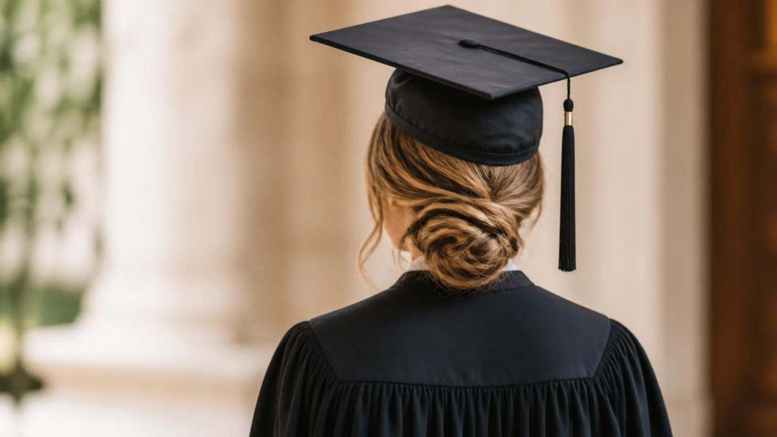 Low twisted chignon graduation updo sitting below the mortarboard line at the nape