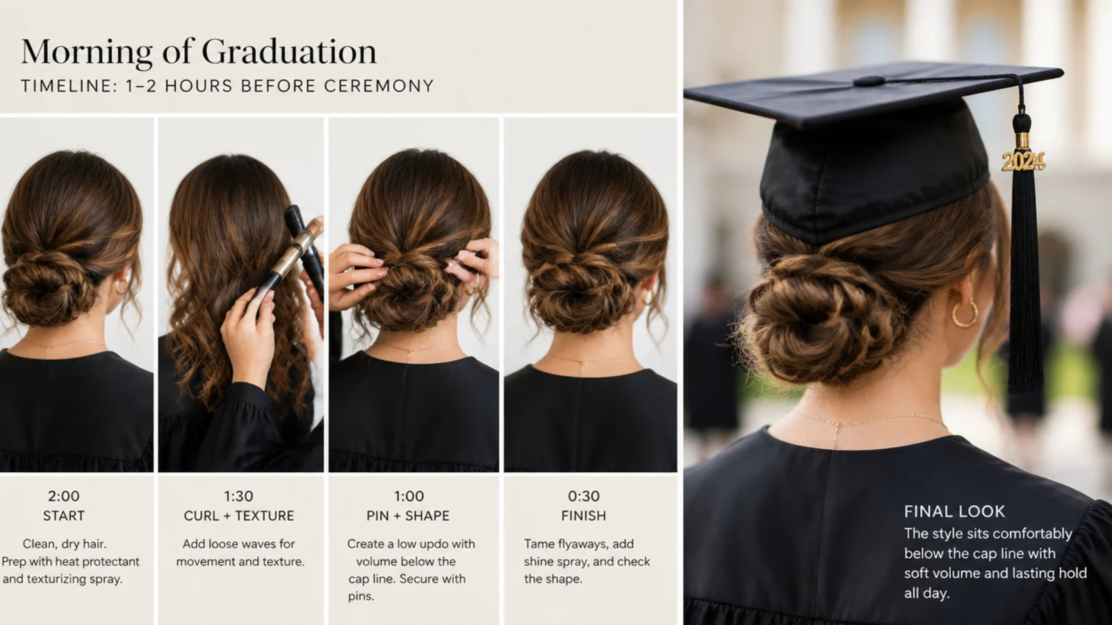 Morning of graduation timeline for styling an updo one to two hours before the ceremony