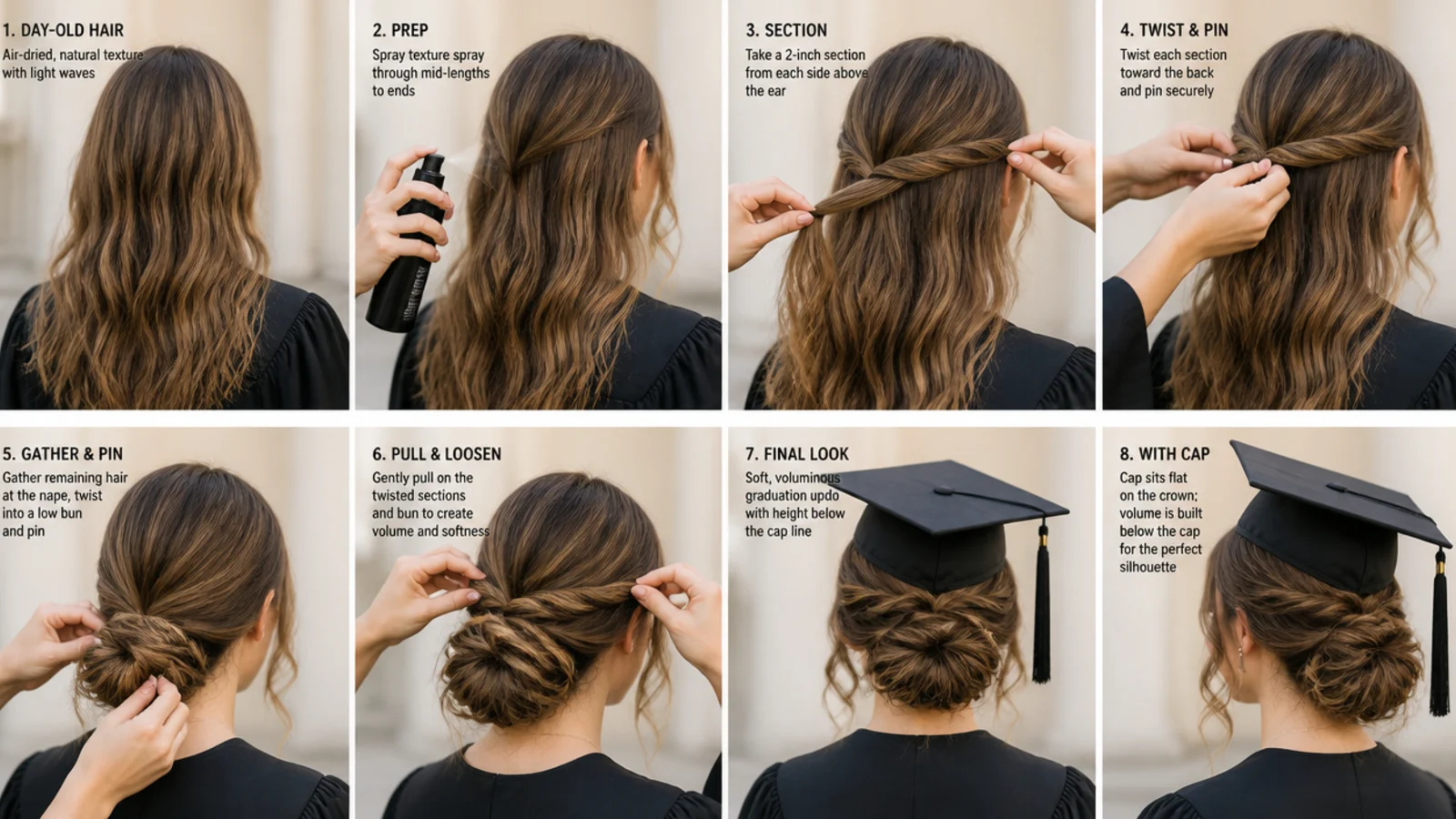 Air-dried day-old hair prepped the day before a graduation updo with texture spray