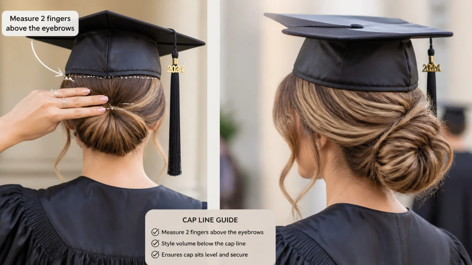Measuring the graduation cap line two fingers above the eyebrows before styling an updo