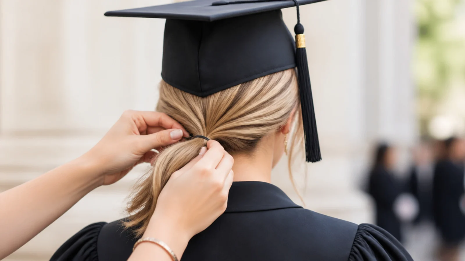 Gathering a smooth low ponytail at the nape as the base of a graduation updo