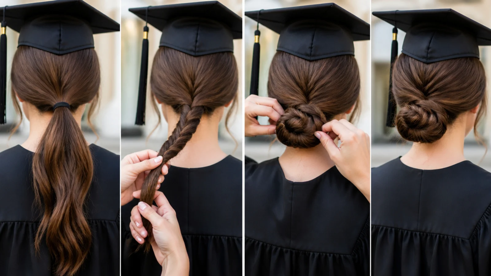 Twisting a low ponytail into a rope before coiling it into a graduation chignon