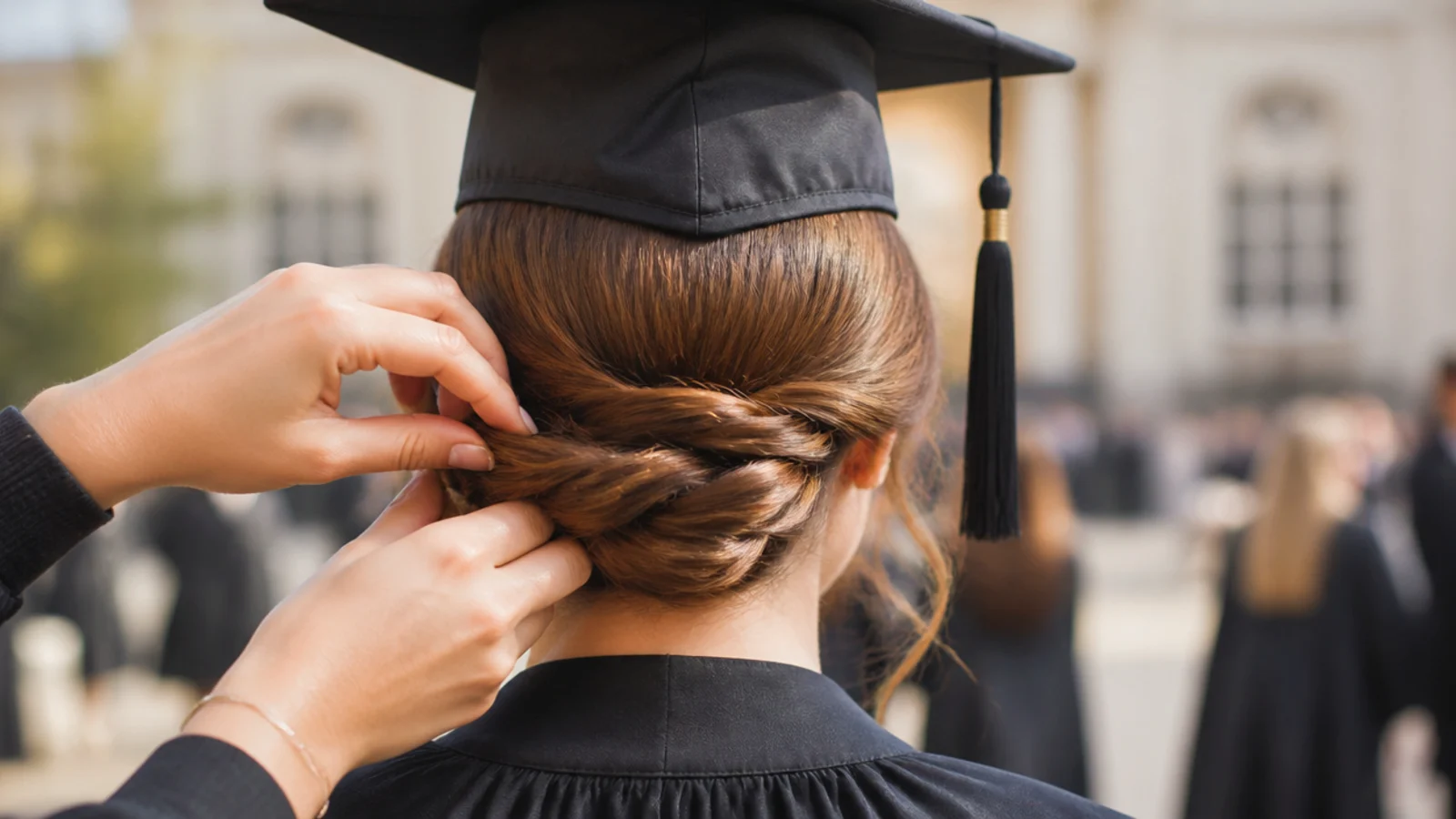 Coiling a rope twist into a flat low chignon below the graduation cap line