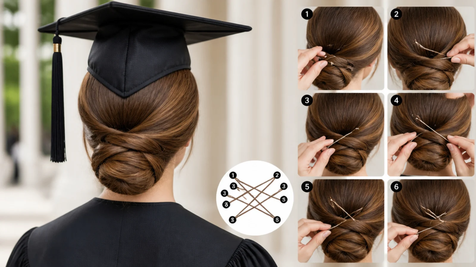 Six U-pins anchoring a low graduation chignon with bobby pins crossed in an X
