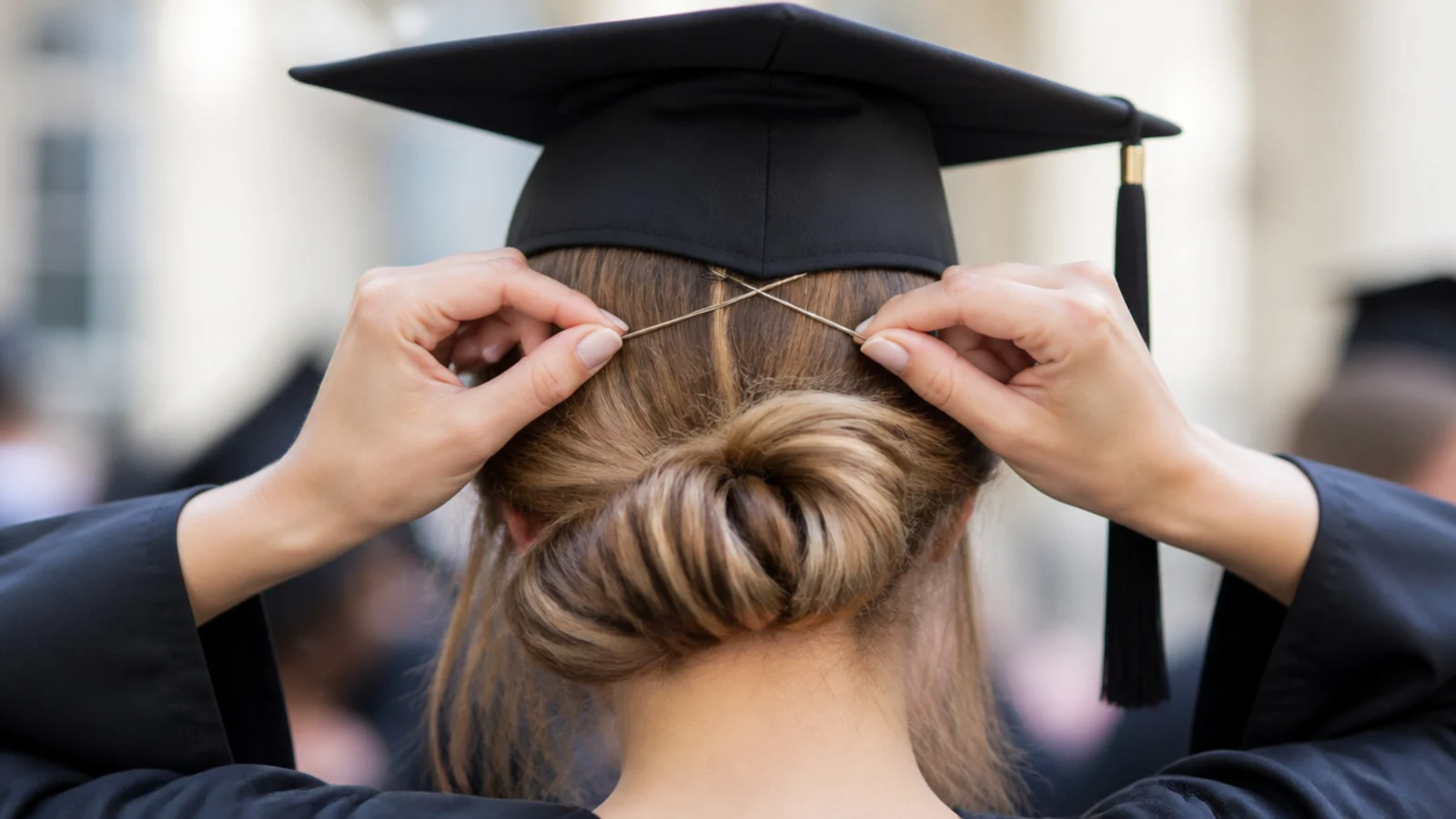 Pinning a graduation cap over a low updo with two bobby pins crossed under the band
