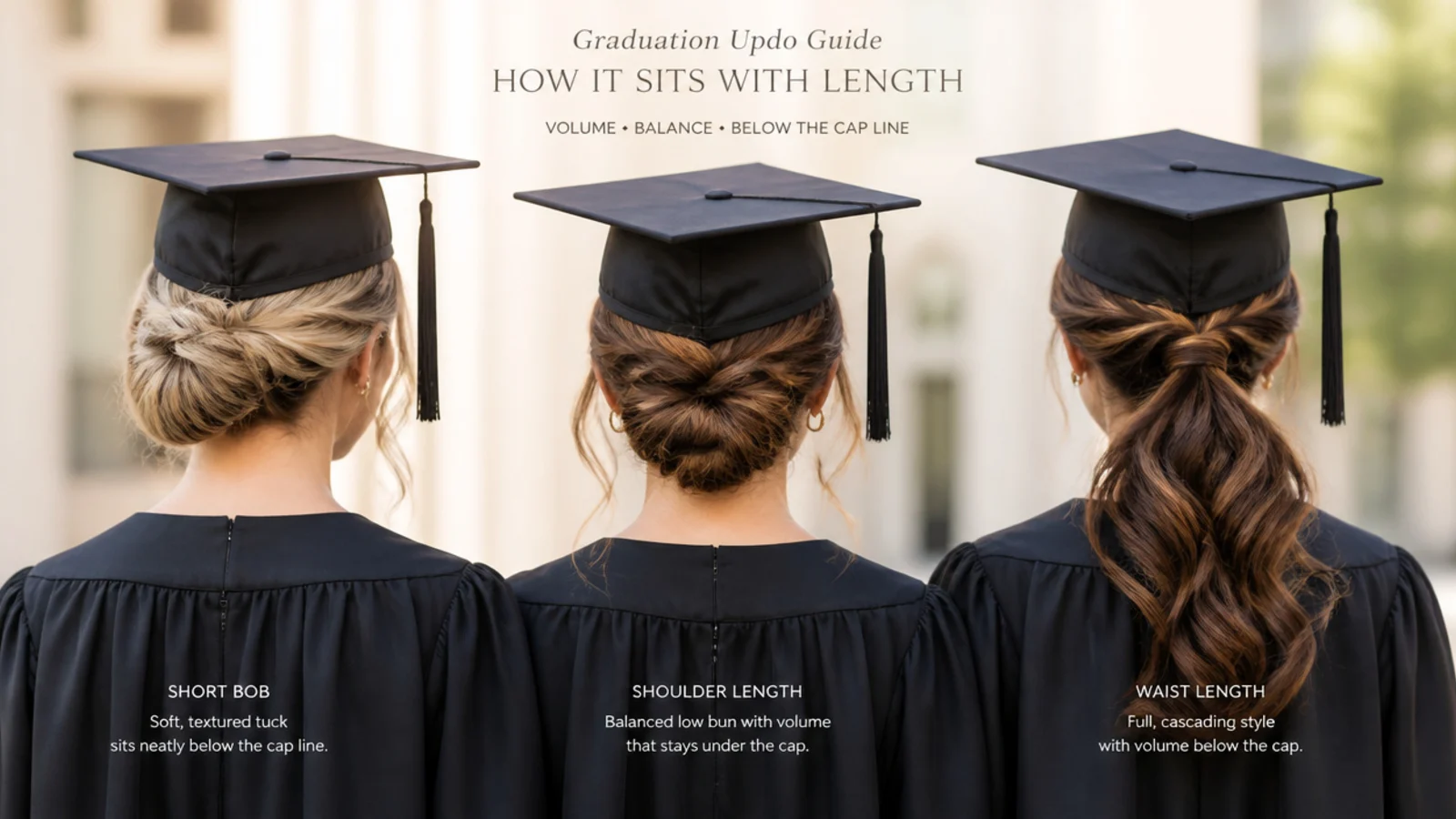 Graduation updo compared on short bob, shoulder length and waist length hair under a cap