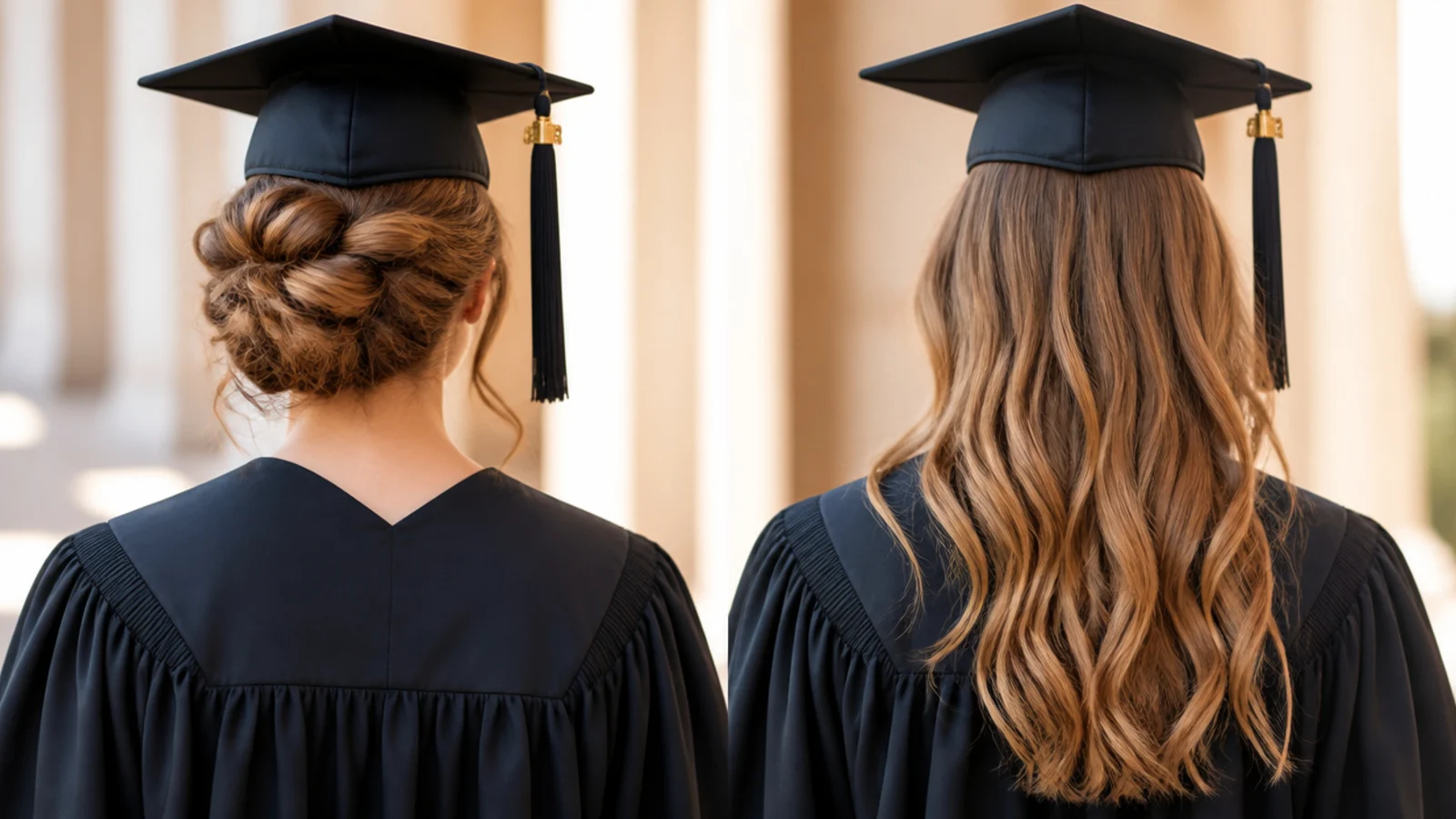 Graduation updo compared with hair worn down for ceremony photographs under a cap