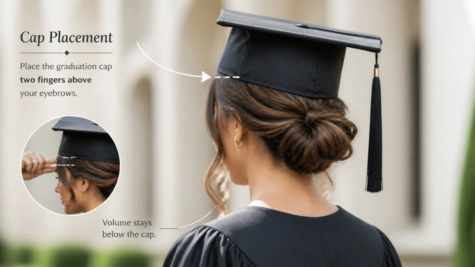 Diagram of where a graduation cap sits two fingers above the eyebrows over a low updo
