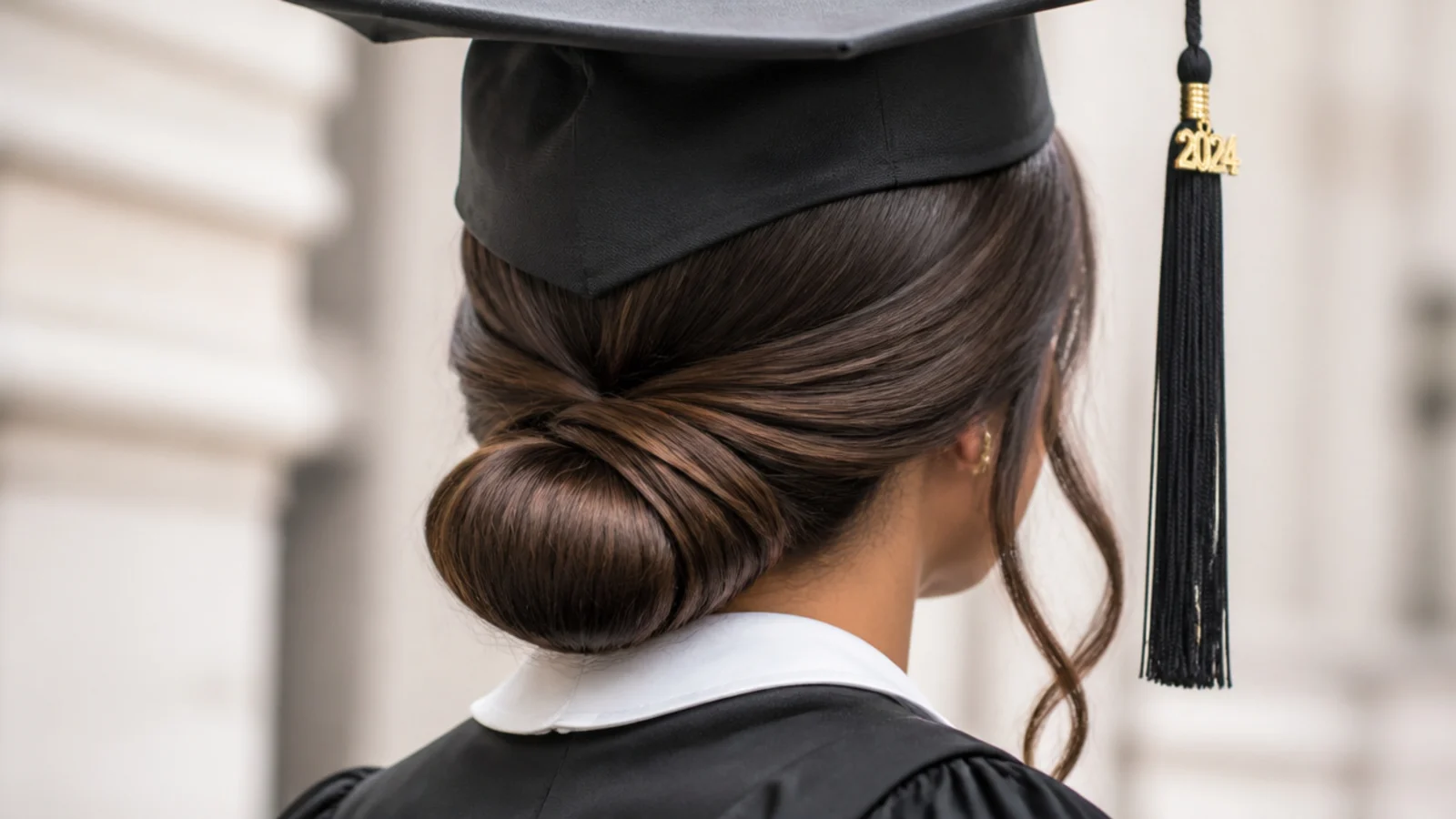 Sleek graduation hairstyle with a glossy low bun coiled at the nape beneath a flat mortarboard
