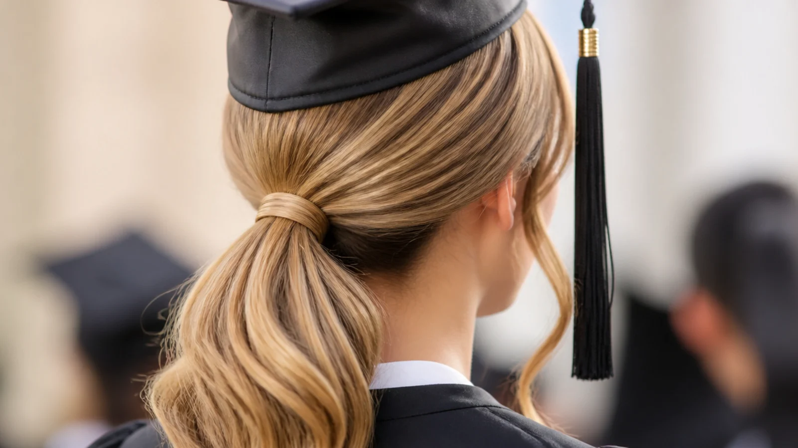 Slicked back low ponytail graduation hairstyle with a hair-wrapped elastic at the nape