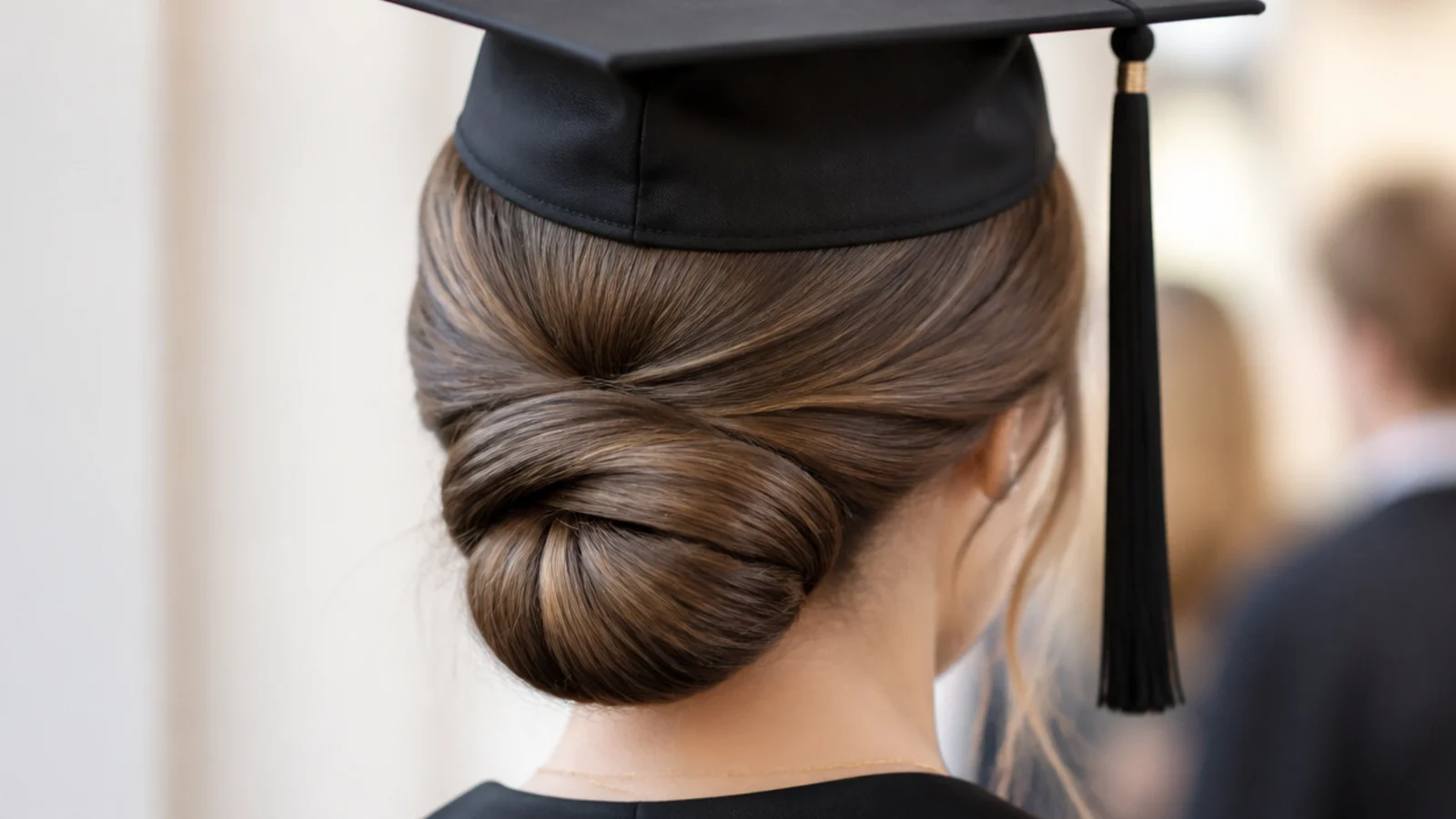 Sleek middle part low chignon graduation hairstyle with a smooth crown and rolled bun at the nape