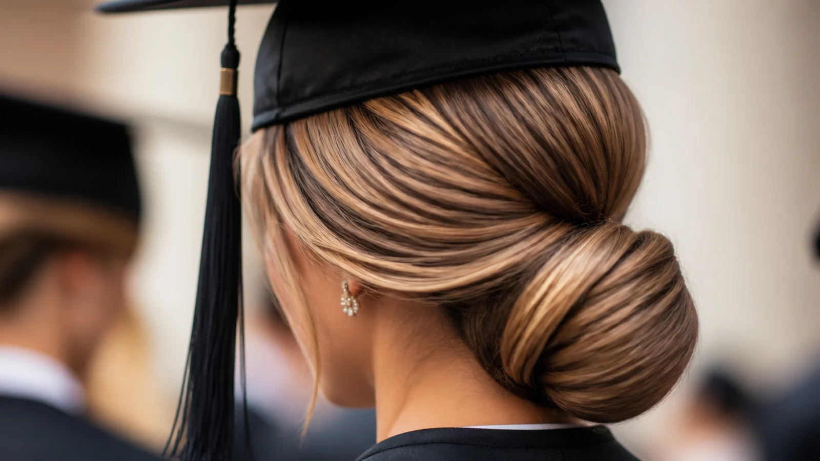 Sleek deep side part low bun graduation hairstyle with a glossy sweep across the forehead
