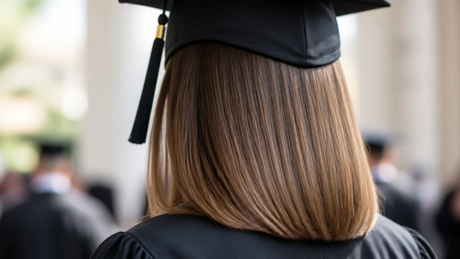 Glass hair sleek graduation hairstyle flat ironed straight to the collarbone with high shine